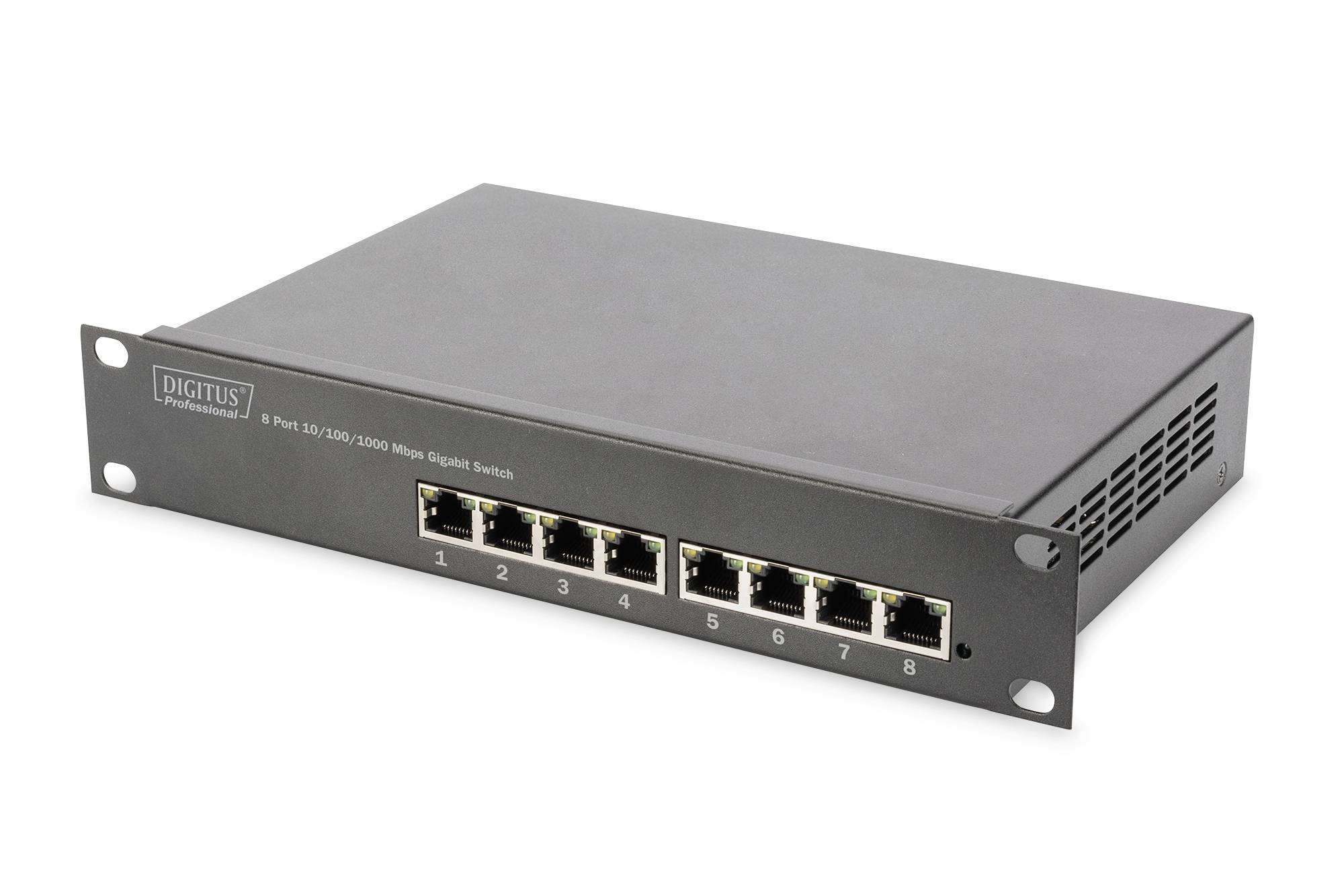 Zwarte 8-poorts Ethernet-netwerkswitch met frontpanelpoorten en rackmontage-oren op witte achtergrond