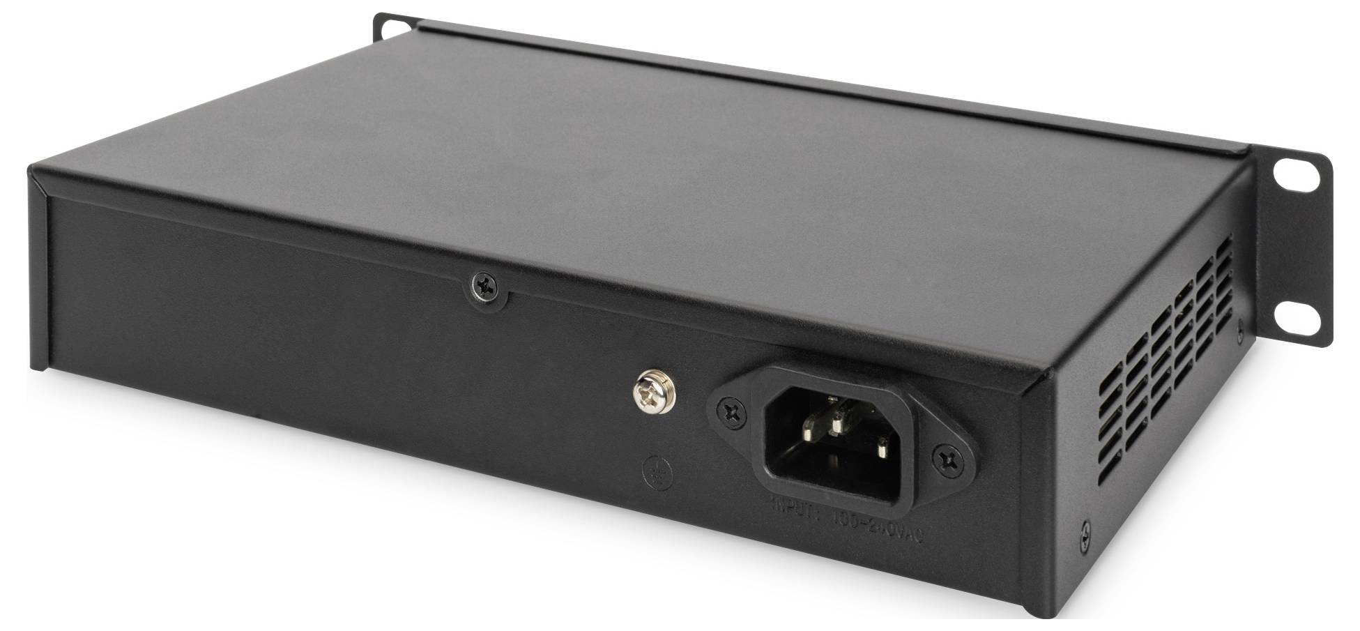 Zwart 1U rackmount elektronisch behuizing met voedingsingang, voorkant sleutelslot en zijventilatiegaten op een witte achtergrond