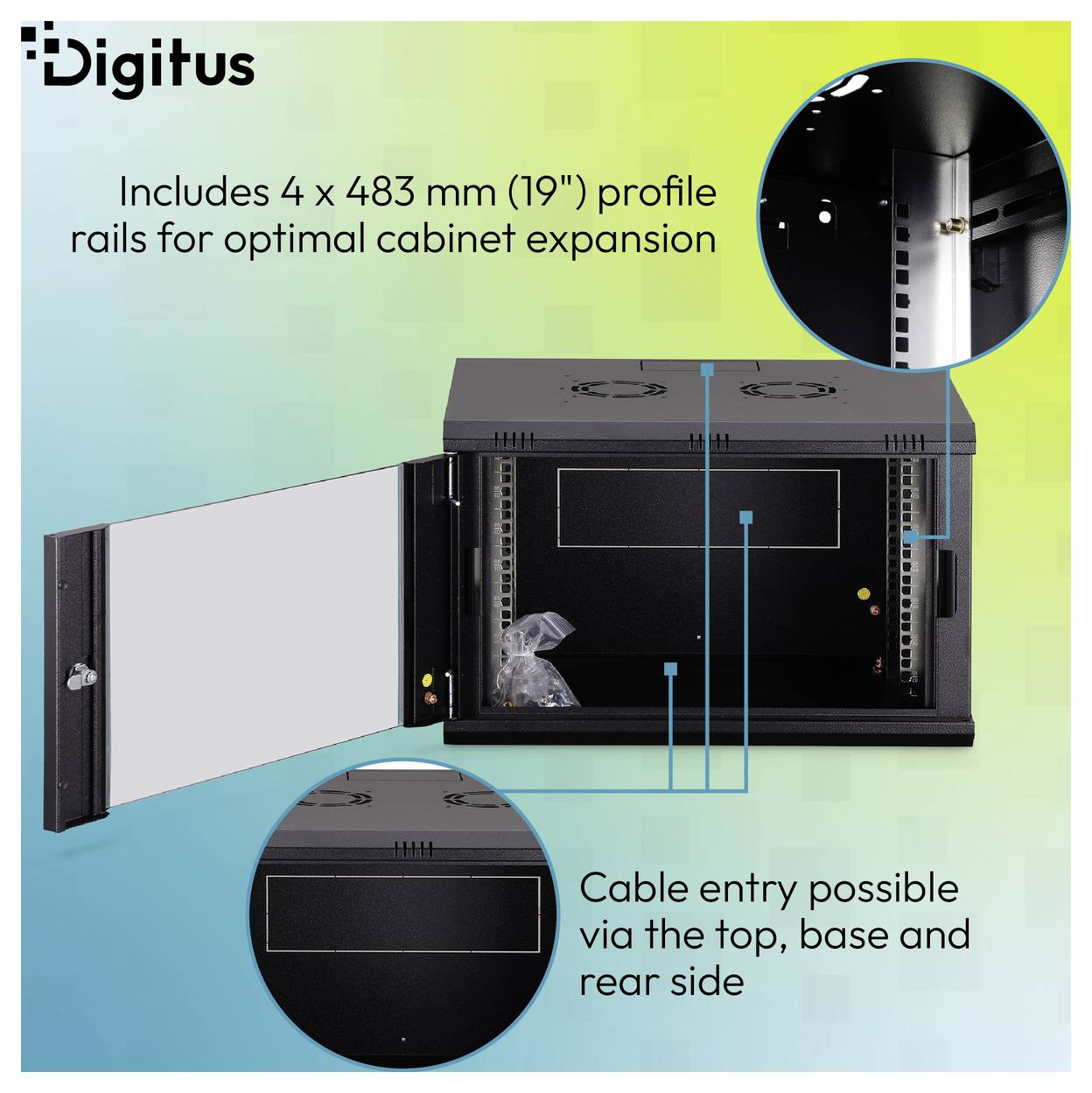 Digitus kastimage met 4 x 483 mm (19") profielrails voor uitbreiding en kabelinvoer via bovenkant, basis en achterzijde.