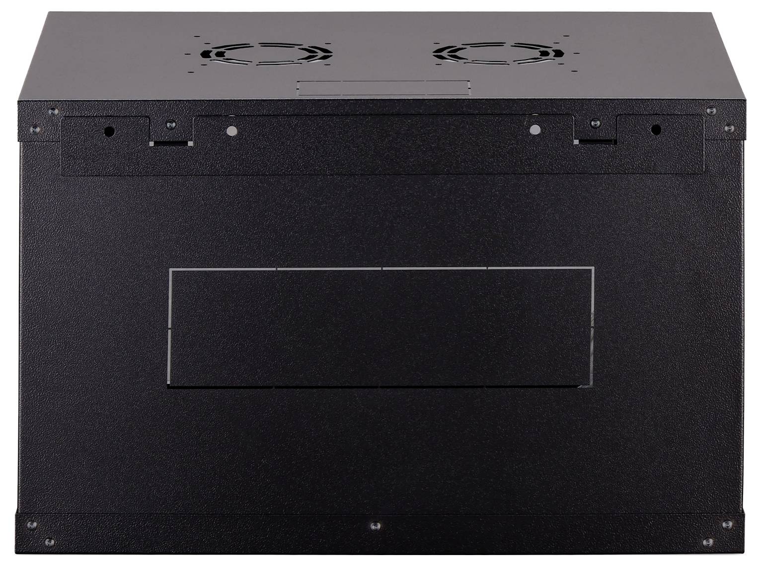 Achteraanzicht van een zwarte metalen apparatuurkast of serverchassis met ventilatieventilators op het bovenpaneel en een groot rechthoekig toegangspaneel in het midden.