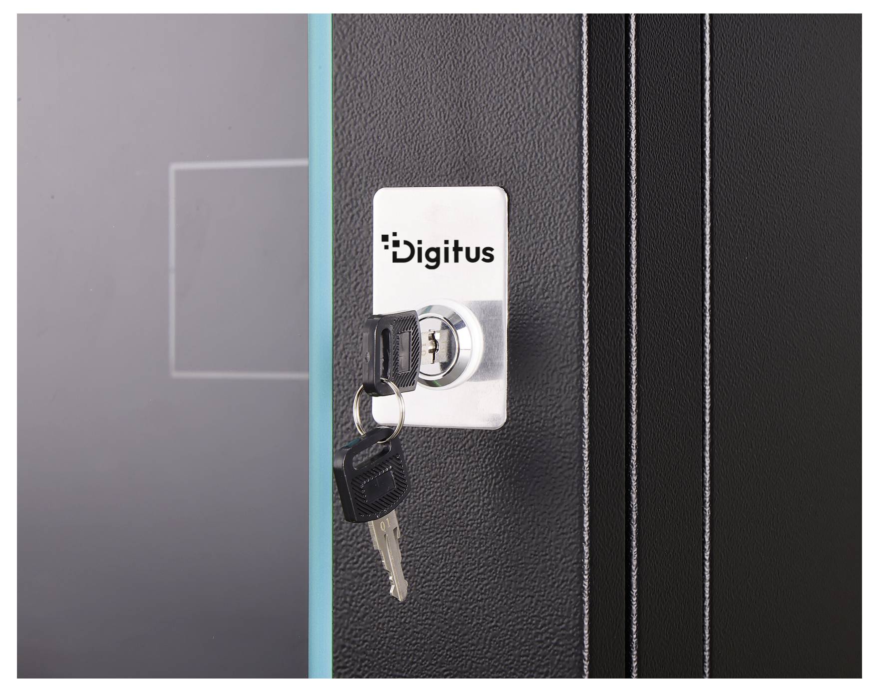 Close-up van een 'Digitus' kastslot met een ingestoken sleutel op een zwarte metalen deur.