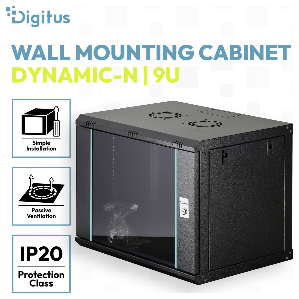 Productafbeelding van een Digitus wandmontage-kast Dynamic-N 9U, zwart met glazen voordeur, met eenvoudige installatie, passieve ventilatie en IP20-beschermingsklasse.