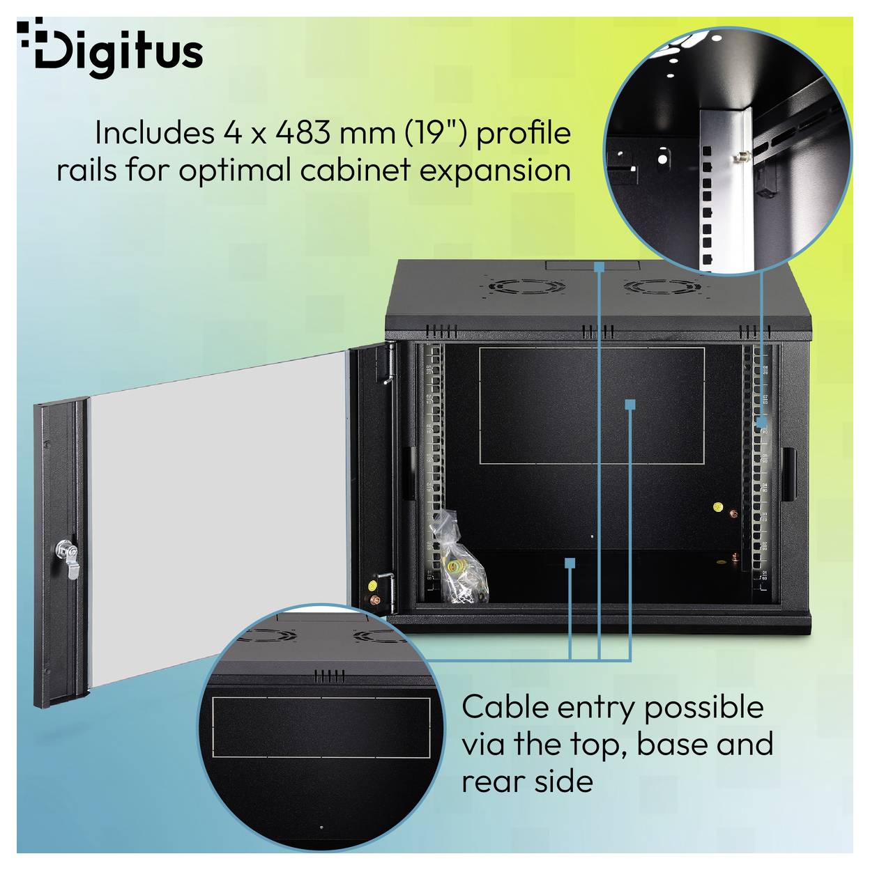 Digitus-kast met open deur, waarop 4 x 483 mm (19) profielrails zichtbaar zijn; kabelinvoer is mogelijk via de bovenkant, basis en achterkant.