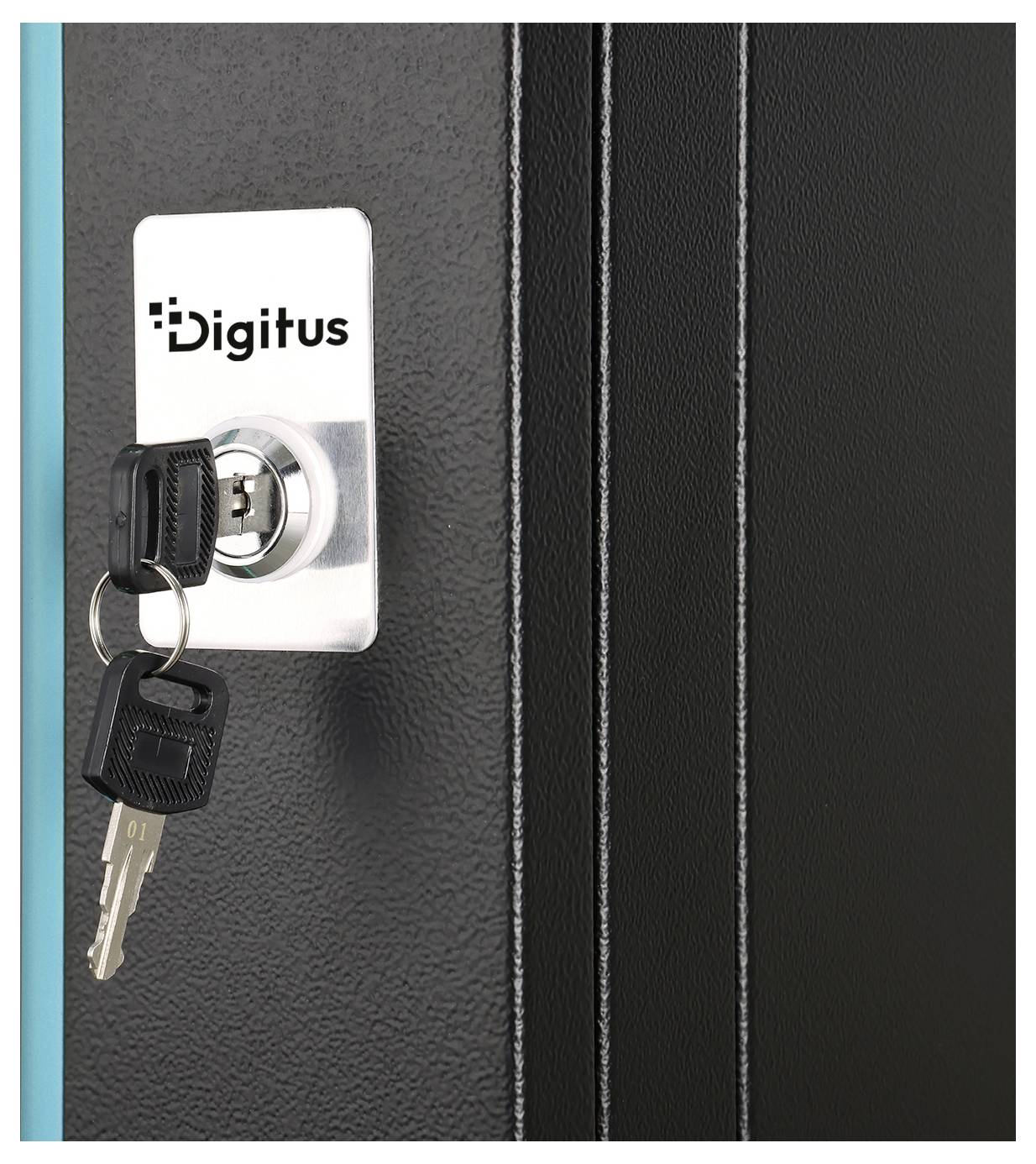 Close-up van een Digitus-slot op een zwart kastdeur of serverrekdeur, met sleutels ingestoken en hangend aan het slot.