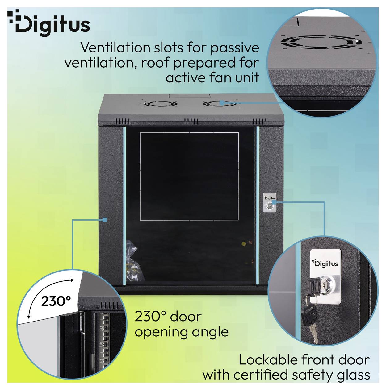 Productdiagram van een Digitus netwerkkasten met passieve dakventilatie, 230° deurenopening, en een vergrendelbare voordeur met gecertificeerd veiligheidsglas.