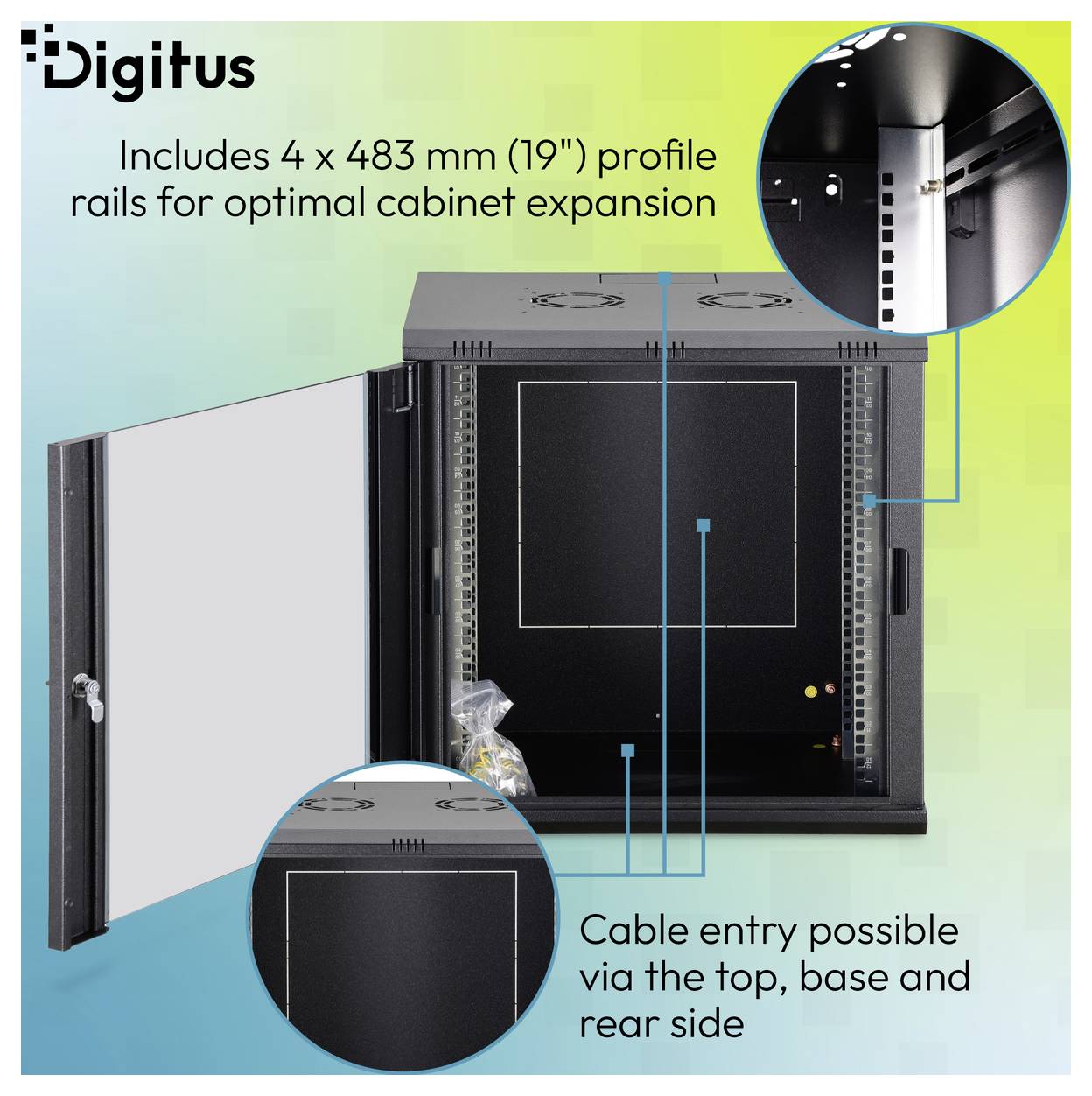 Digitus kastbehuizing met 4 x 483 mm (19") profielrails en kabelinvoer via bovenzijde, basis en achterzijde