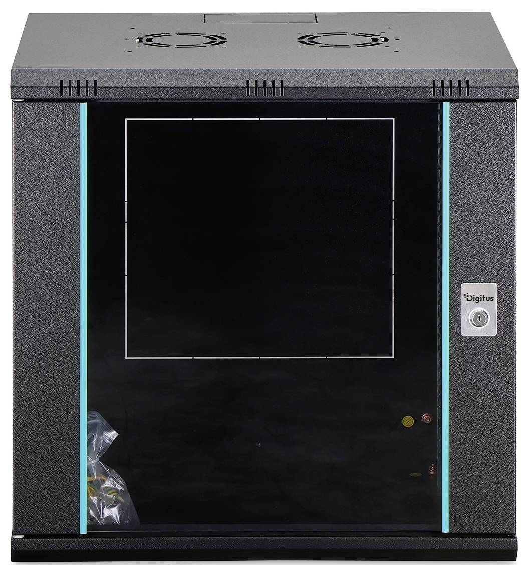 Zwarte computer-/serverrek met glazen voordeur, turquoise zijverlichting en een slot aan de rechterkant.