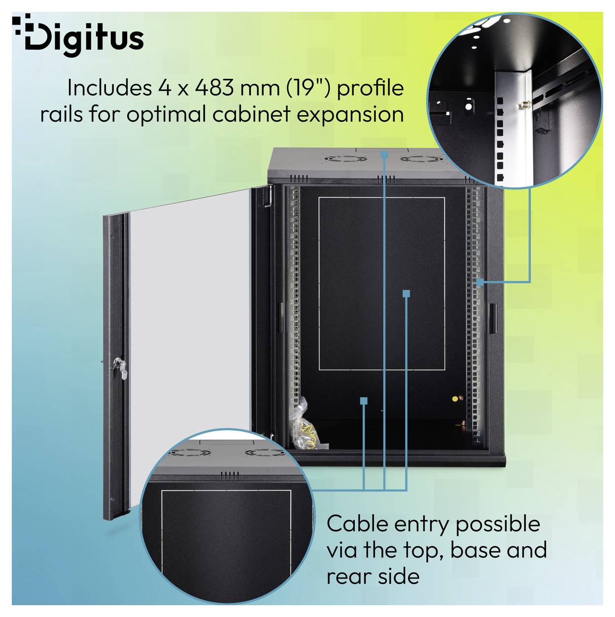 Digitus-kast met openstaande deur, met 4 x 483 mm (19") profielrails en kabelinvoer via bovenkant, onderkant en achterkant.