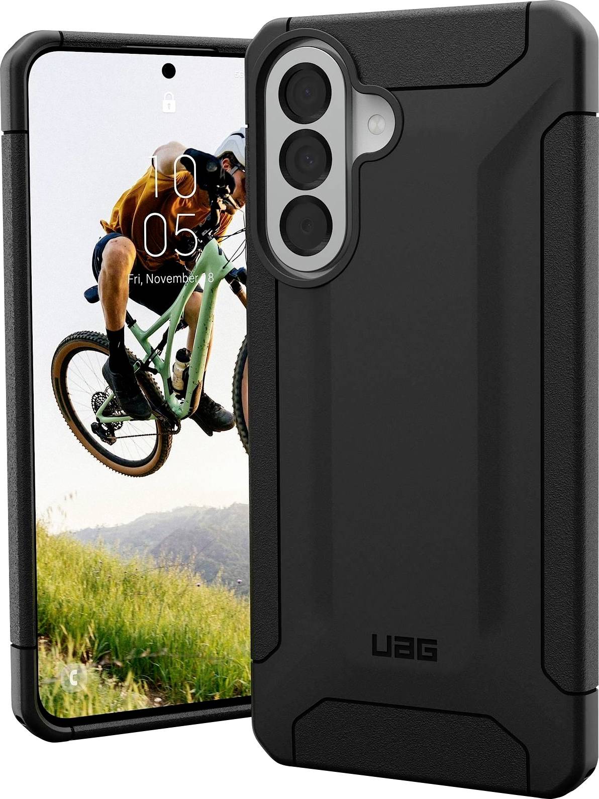 Zwart UAG rugged telefoonhoesje getoond voor- en achterkant op een smartphone, met nadruk op de verhoogde triple-camera-uitsnijding en beschermend ontwerp.