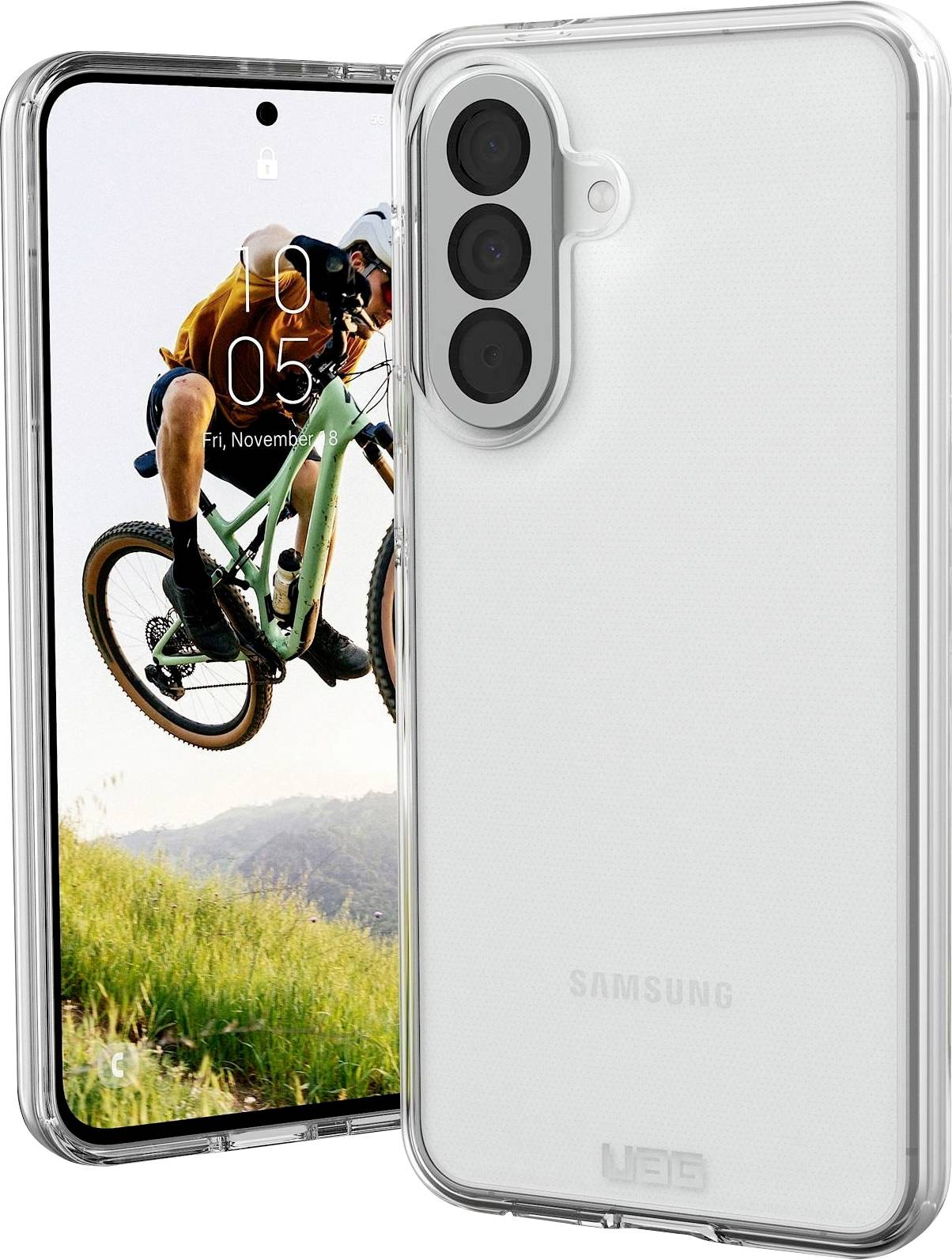 Een Samsung-smartphone getoond van voor en achteren, met een achtergrond van een fietser op het scherm en een doorzichtige beschermhoes aan de achterkant.