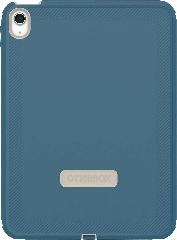 Teal OtterBox tablettas met cameragat en gecentreerd OtterBox-logo, weergegeven in vooraanzicht.