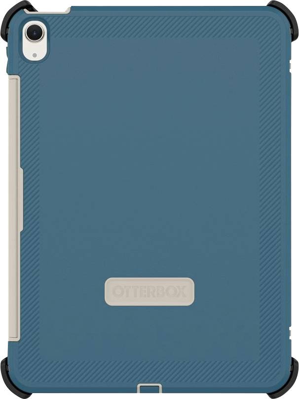 Teal OtterBox beschermhoesje voor tablet met zwarte versterkte hoeken en een cameralens-uitsnede in de linkerbovenhoek.