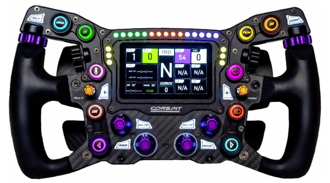 Formule-racingstuurwiel controller met dubbele grijpen, verlichte knoppen en centraal digitaal display met telemetriegegevens.