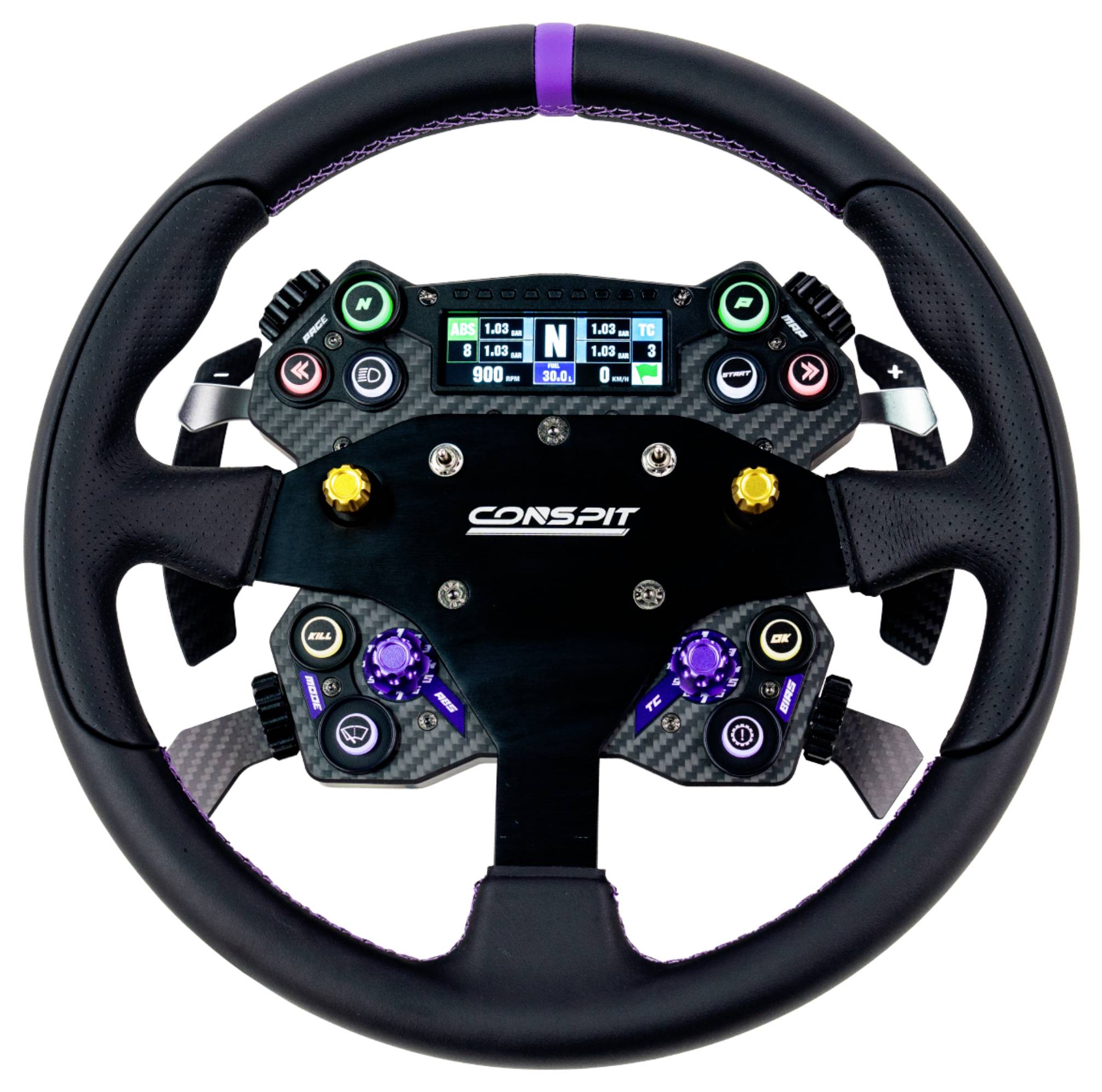 Motorsport racestuur met digitaal display, knoppen, draaiknoppen en schakelaars op een witte achtergrond.