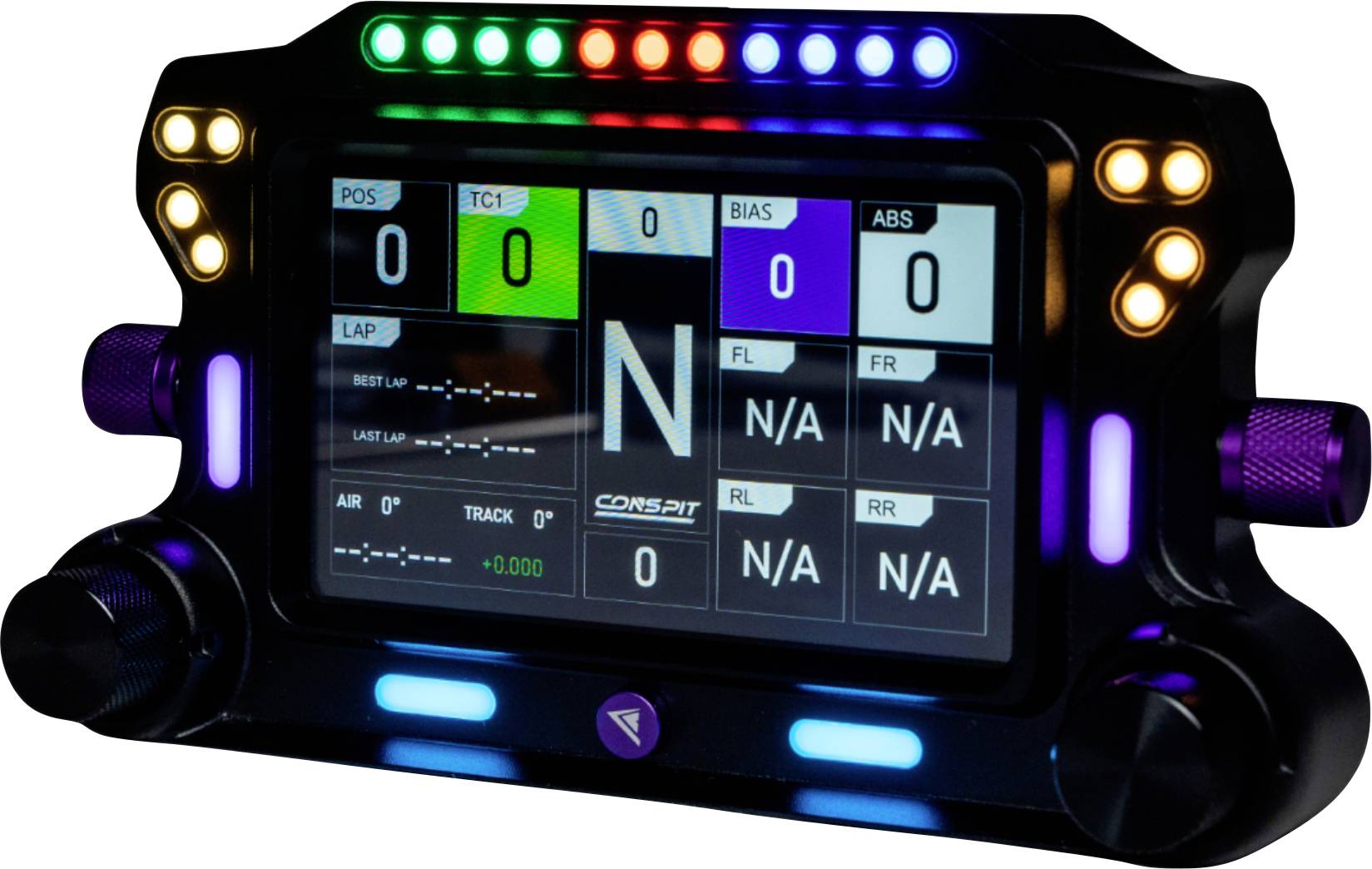 Digitaal racedashboard met verlichte schakellichten, met versnelling N en telemetrietegels voor POS, TCI, BIAS, ABS, VL, VR, AL en AR.