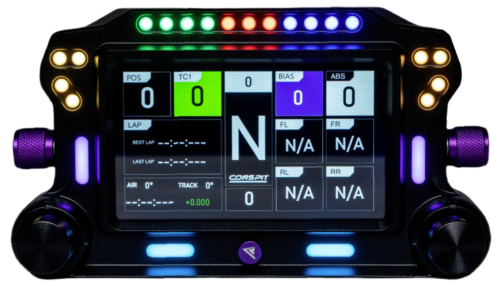 Digitaal racedashboard met telemetrie-instrumenten, rondetijdweergave, versnellingsindicator en statusweergaven met meerkleurige LED's en regelknoppen.