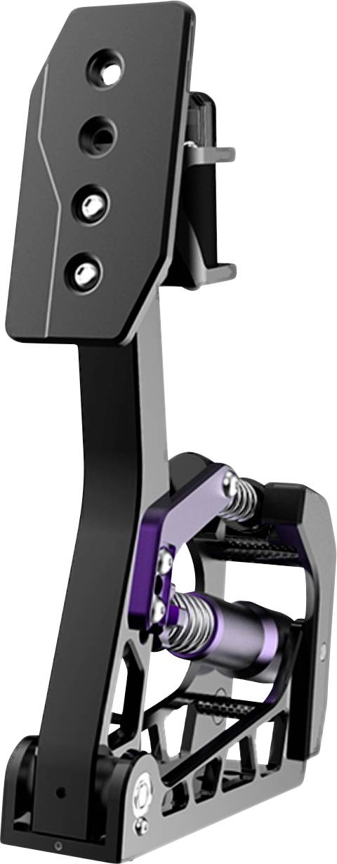 Zwart mechanisch pedalassemblage met vier bevestigingsgaten, een gebogen steunarm en een met veer belast verstelbaar onderste mechanisme met paarse accenten.