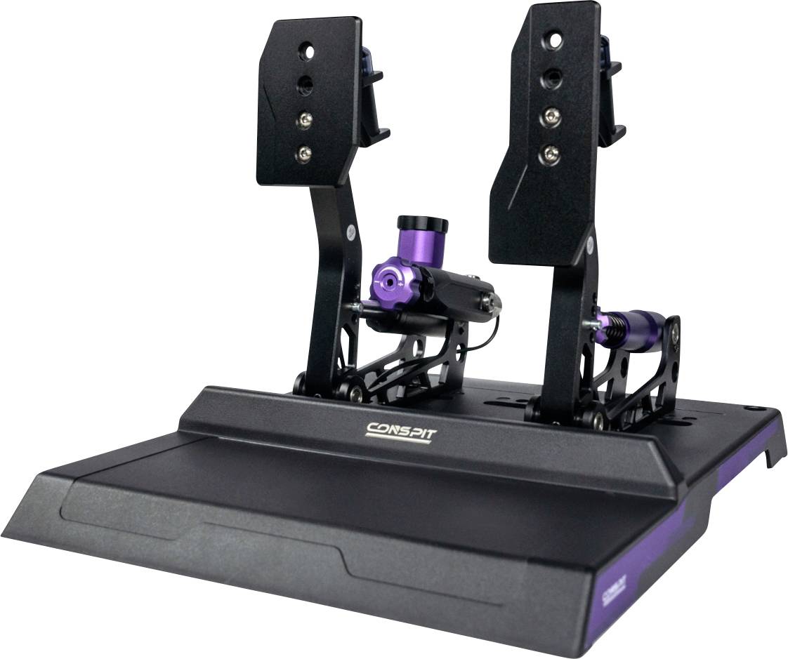 Zwarte racesimulator pedalenset met verstelbare pedalarmen en paarse veerdemperschers op een platformvoet