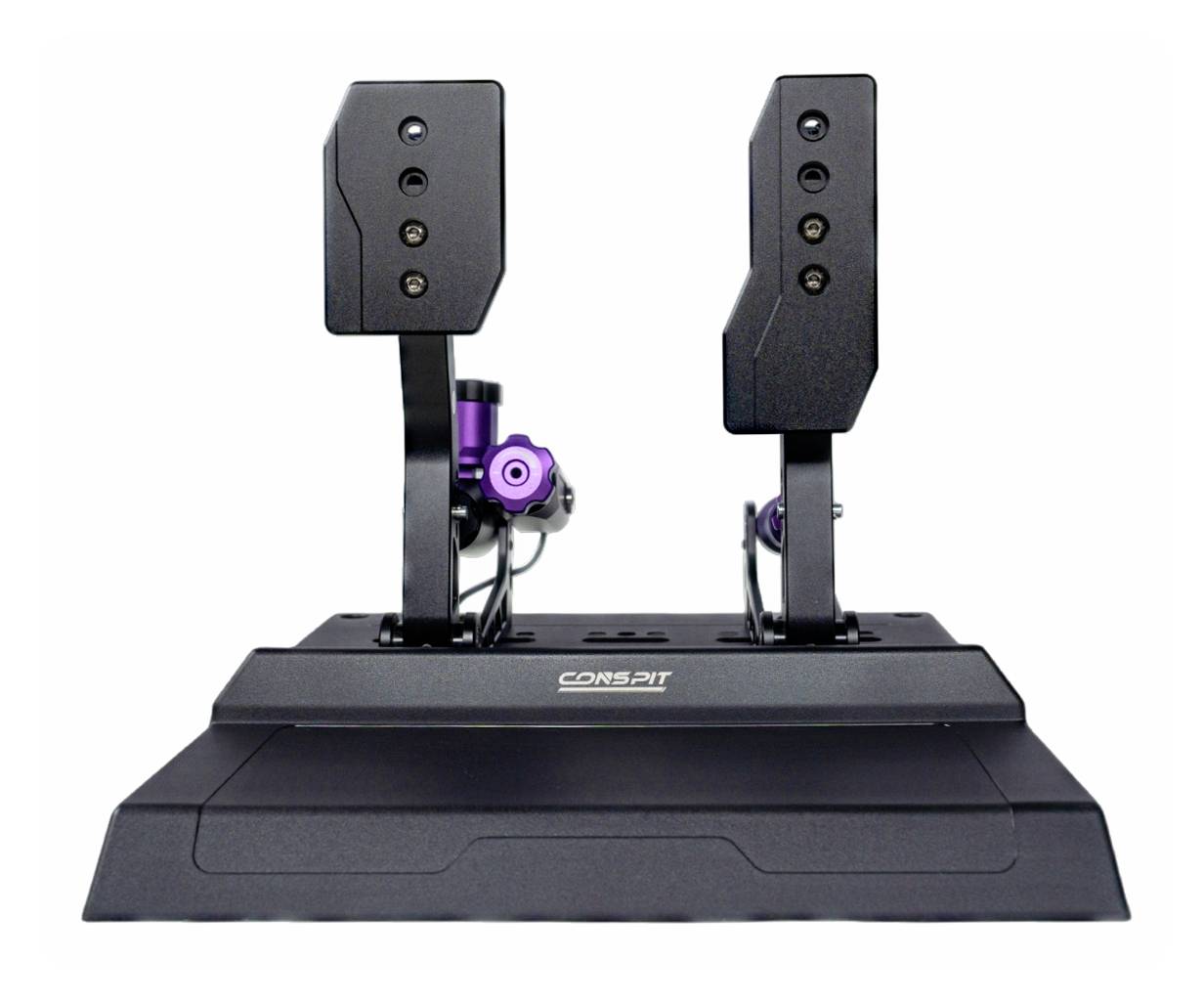 Zwarte racingsimulator-pedalenset met twee verstelbare pedalen gemonteerd op een basis, weergegeven in vooraanzicht op een witte achtergrond.