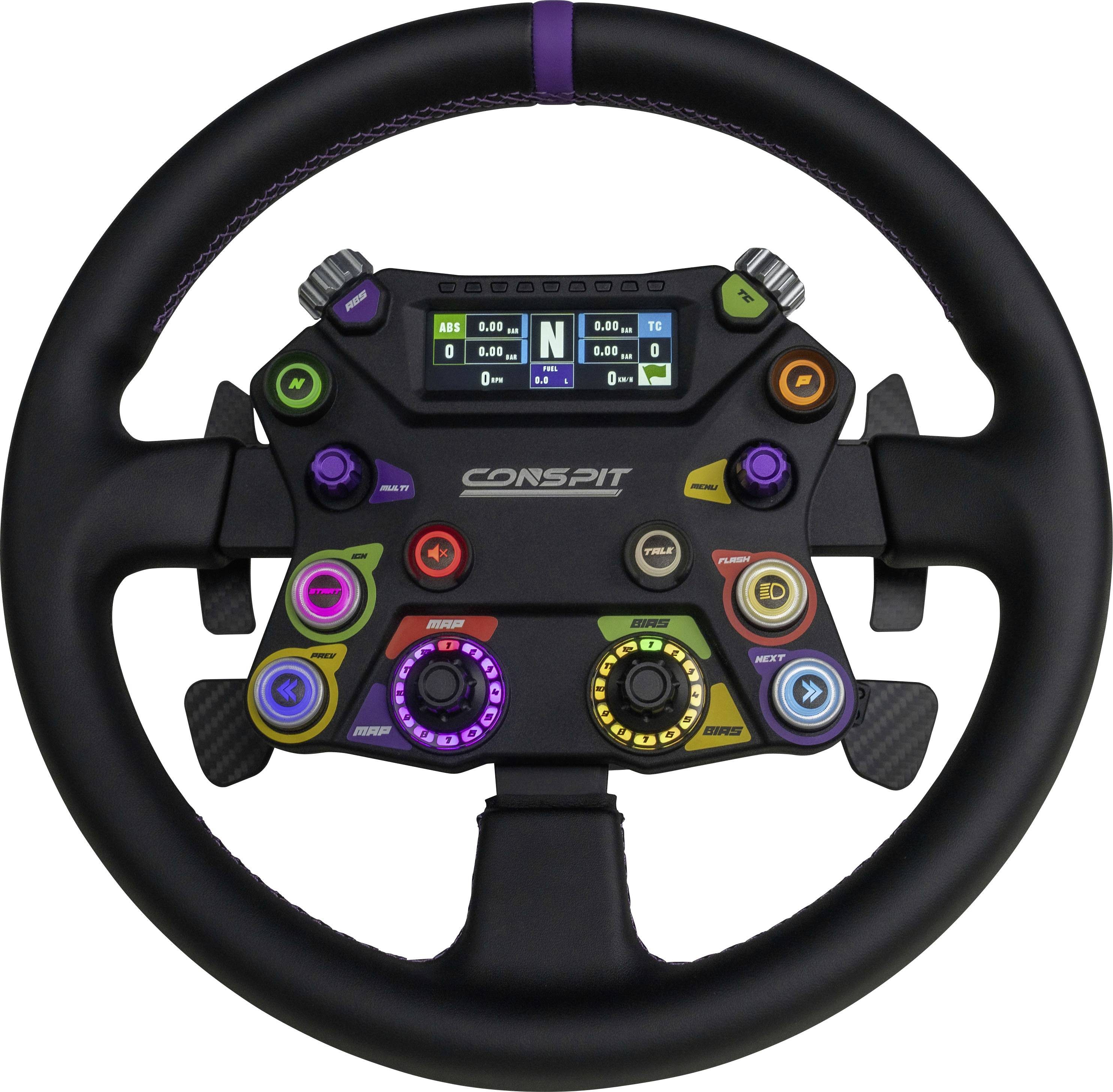 Vooraanzicht van een CONSPIT racesimulator stuurwiel met meerdere gekleurde knoppen, draaiende schijven, paddleshifters en een centraal digitaal display.