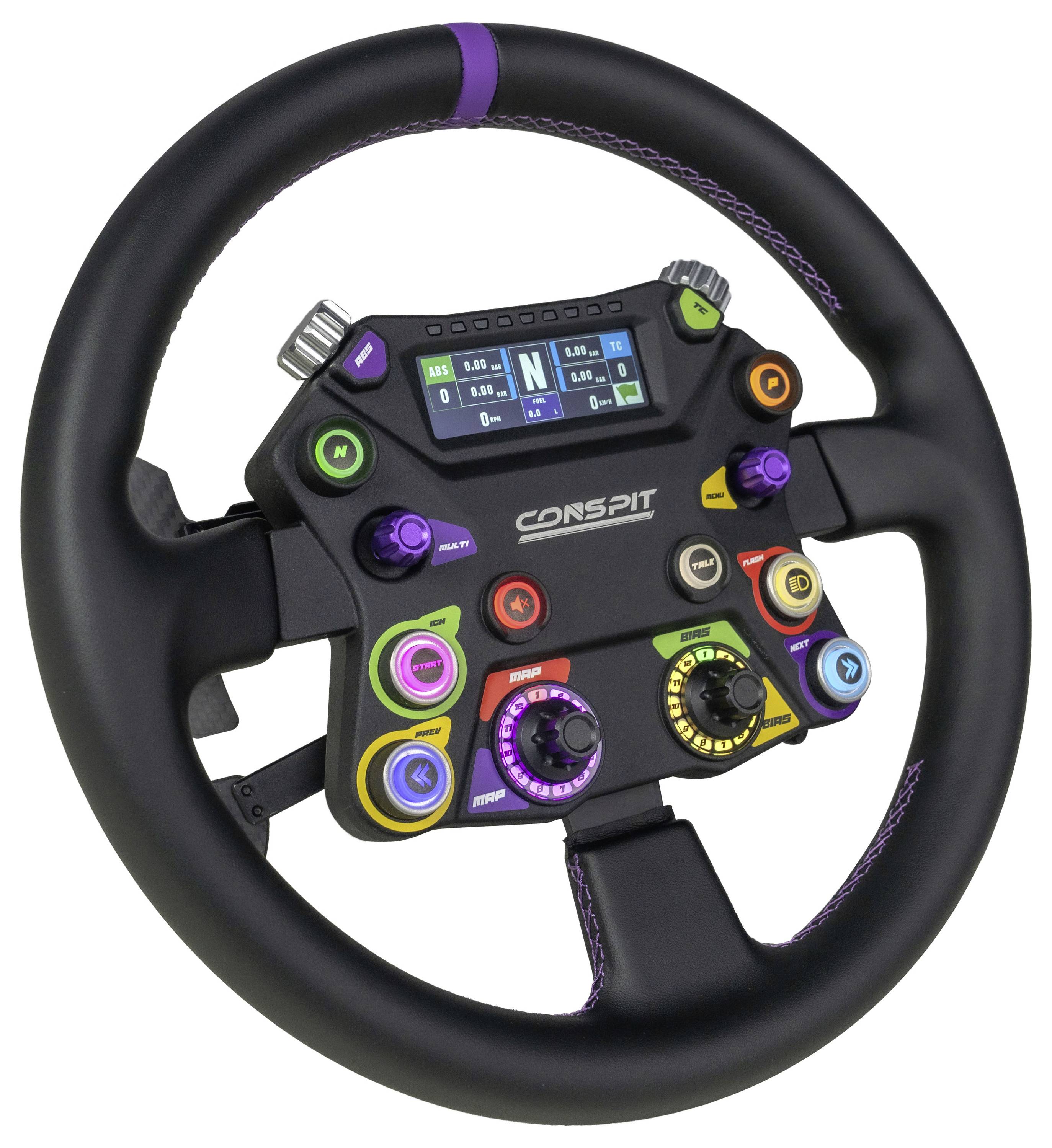 Zwart racen stuurwiel controller met digitaal display, paarse accenten en meerdere gekleurde knoppen en schakelaars.