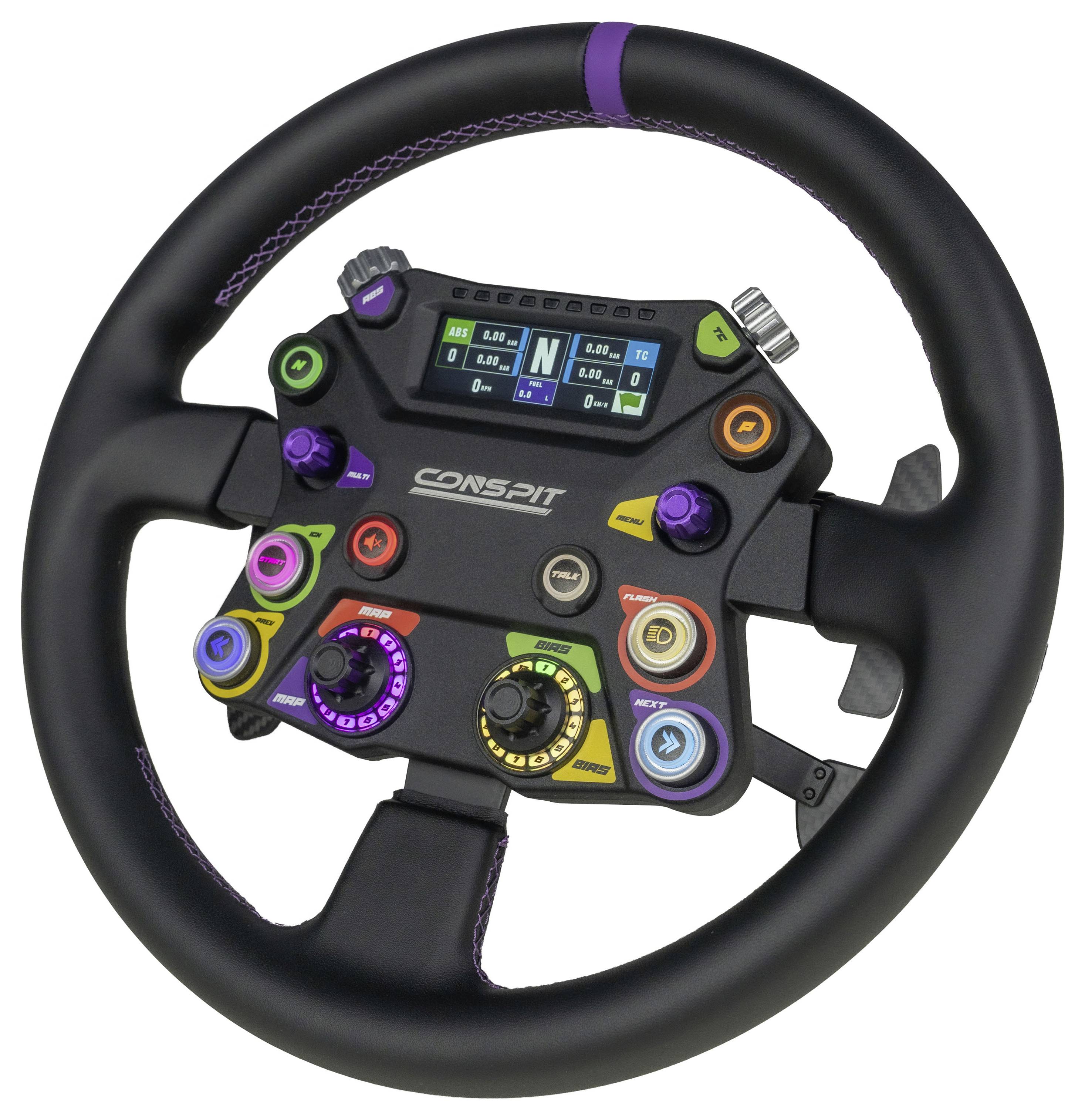 Conspit racestuur controller met digitaal display en meerdere gekleurde knoppen, draaiknoppen en schakelaars op een zwart stuur.
