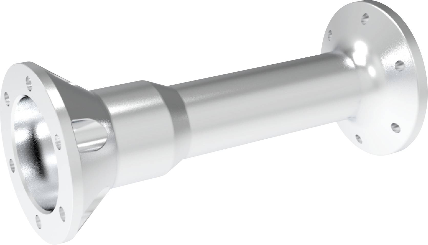 Zilveren metalen buis- of kanaalverbinder met brede flensen aan beide uiteinden, geïsoleerd op een witte achtergrond.