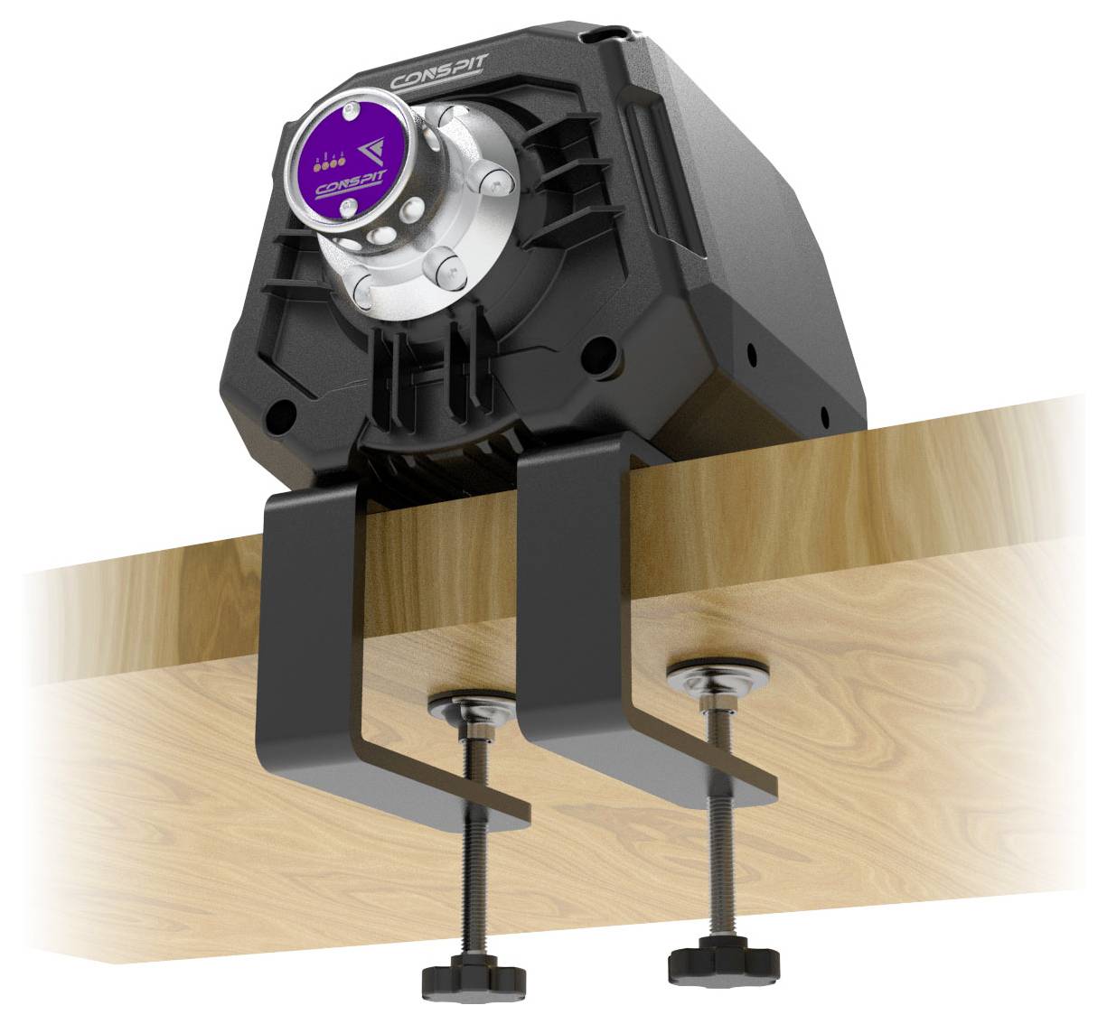 Zwart mechanisch klemapparaat gemonteerd op een houten balk met twee schroefdraadebolten en voetpadden eronder.