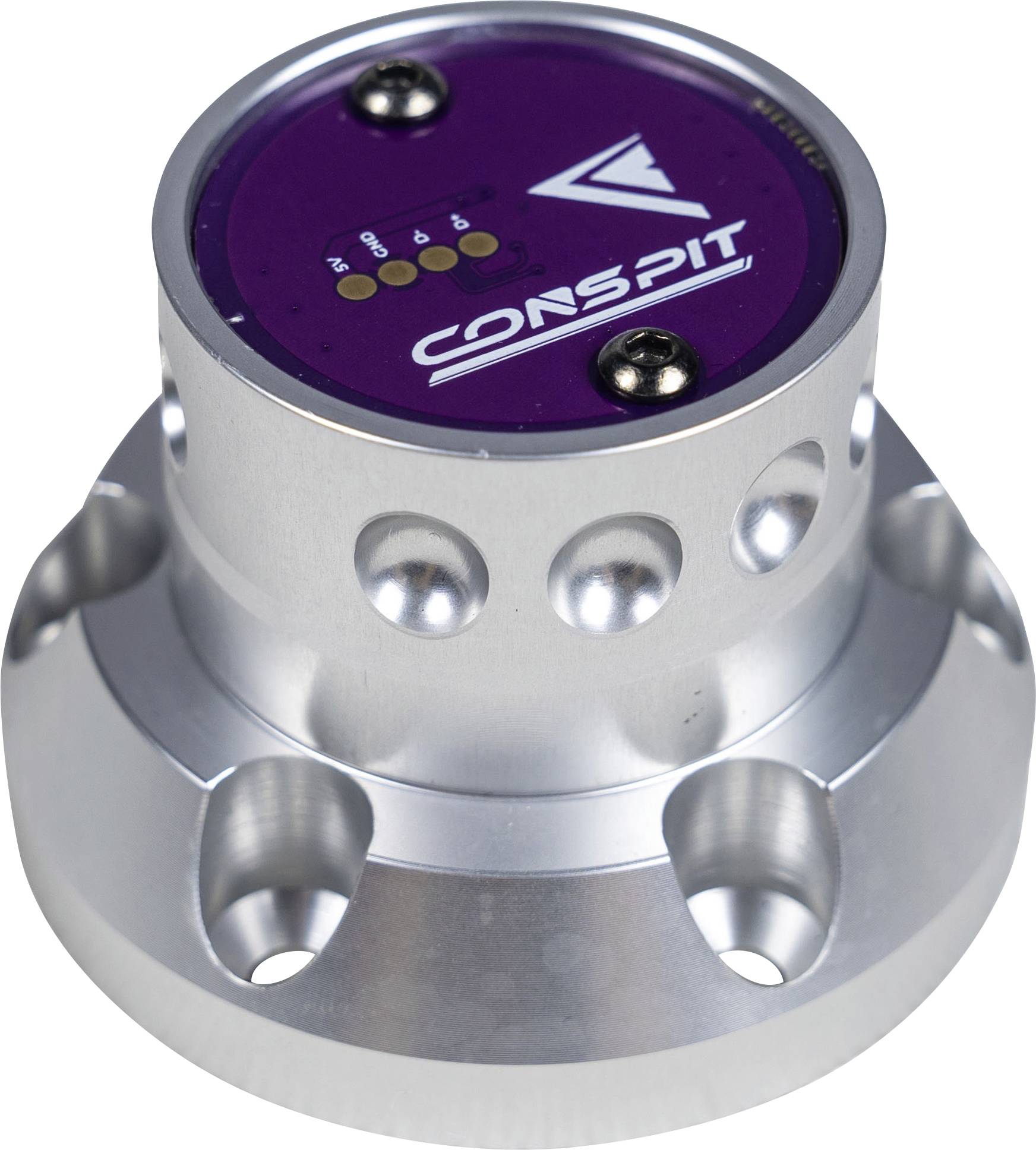Close-up van een zilveren cilindrische industriële sensor met een paarse bovenkant gelabeld 'CONSPIT' en indicatorlampjes, weergegeven op een montageondersteuning.