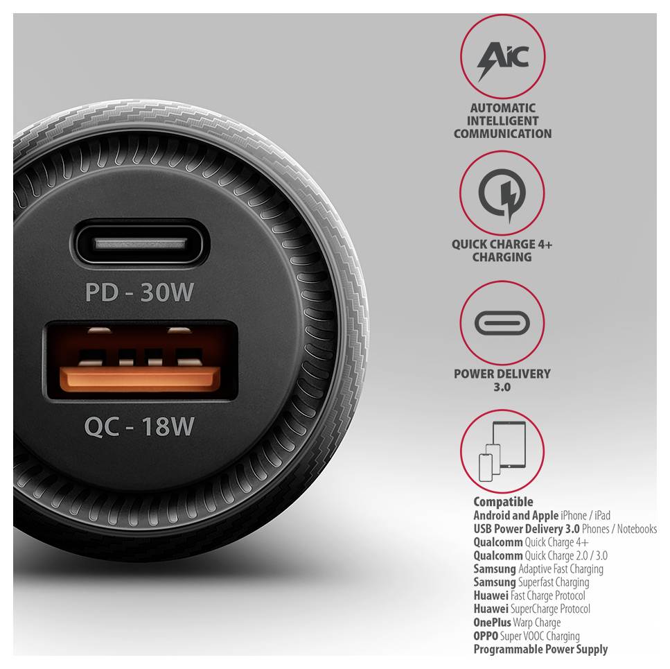 Autolader met USB-C en USB-A poorten<br>PD 30W en QC 18W<br>Pictogrammen voor snellaadcompatibiliteit