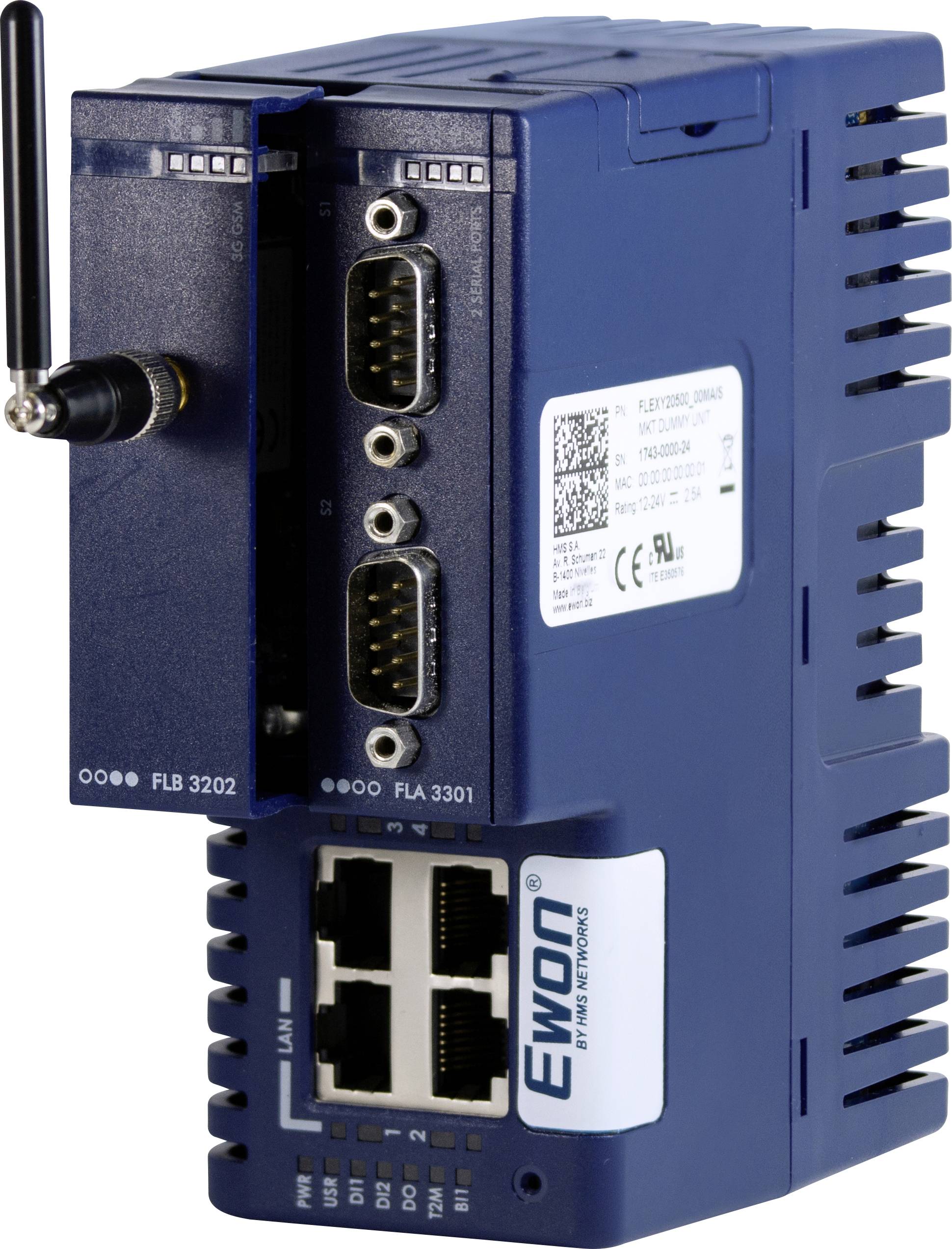Blauwe industriële draadloze communicatiemodule met antenne, twee seriële poorten, vier Ethernet-poorten en statusindicatoren.