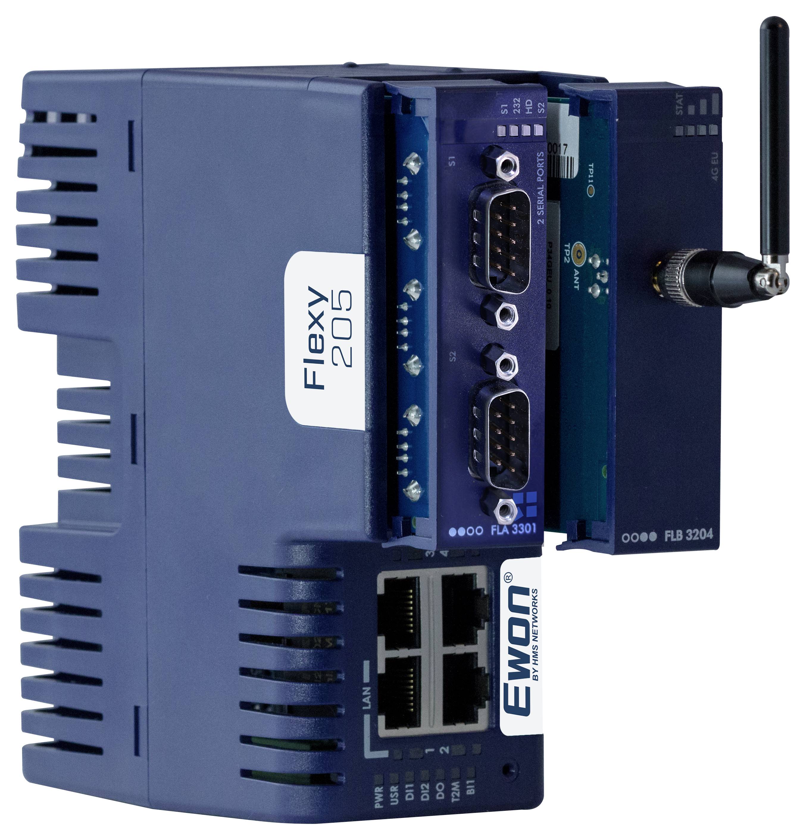 Blauwe industriële draadloze controller met antenne, seriële poorten en Ethernet-aansluitingen gelabeld als 'Flexy 205' en 'EWON'.