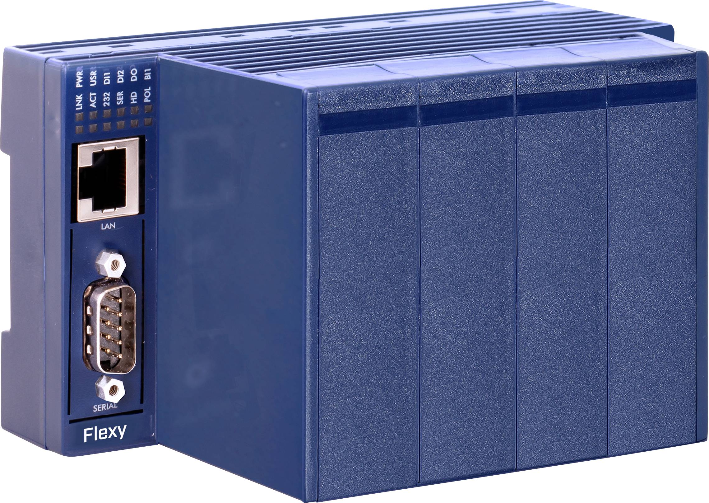 Blauwe industriële controllermodule met Ethernet LAN en seriële poorten, gelabeld 'Flexy'.