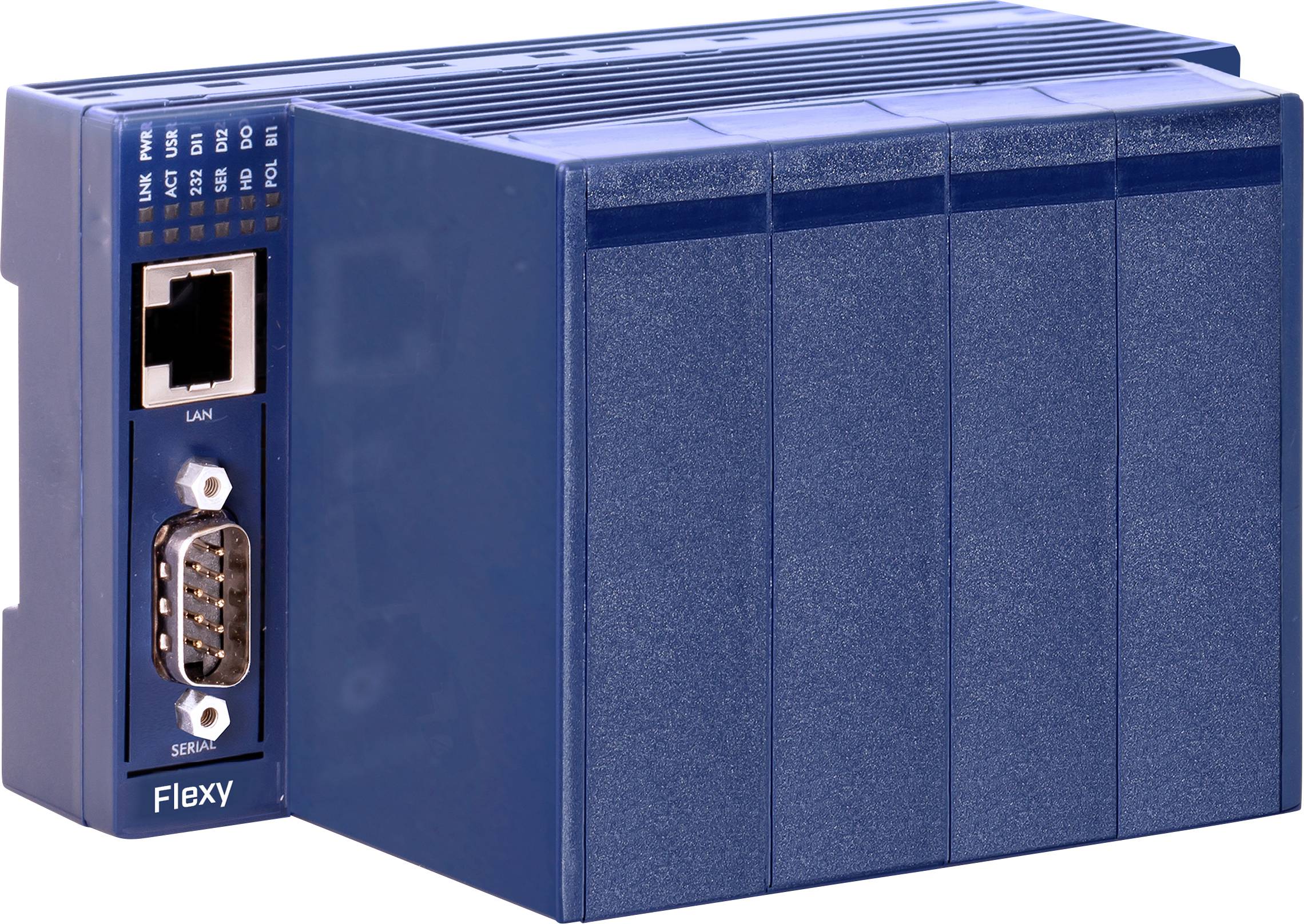 Blauwe industriële controllermodule met het label 'Flexy' met LAN- en seriële poorten op het frontpaneel