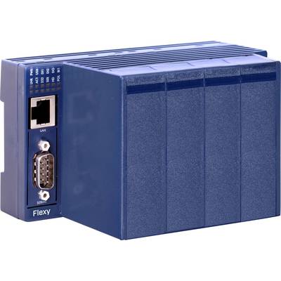 Blauwe industriële controllermodule met het label 'Flexy' met LAN- en seriële poorten op het frontpaneel