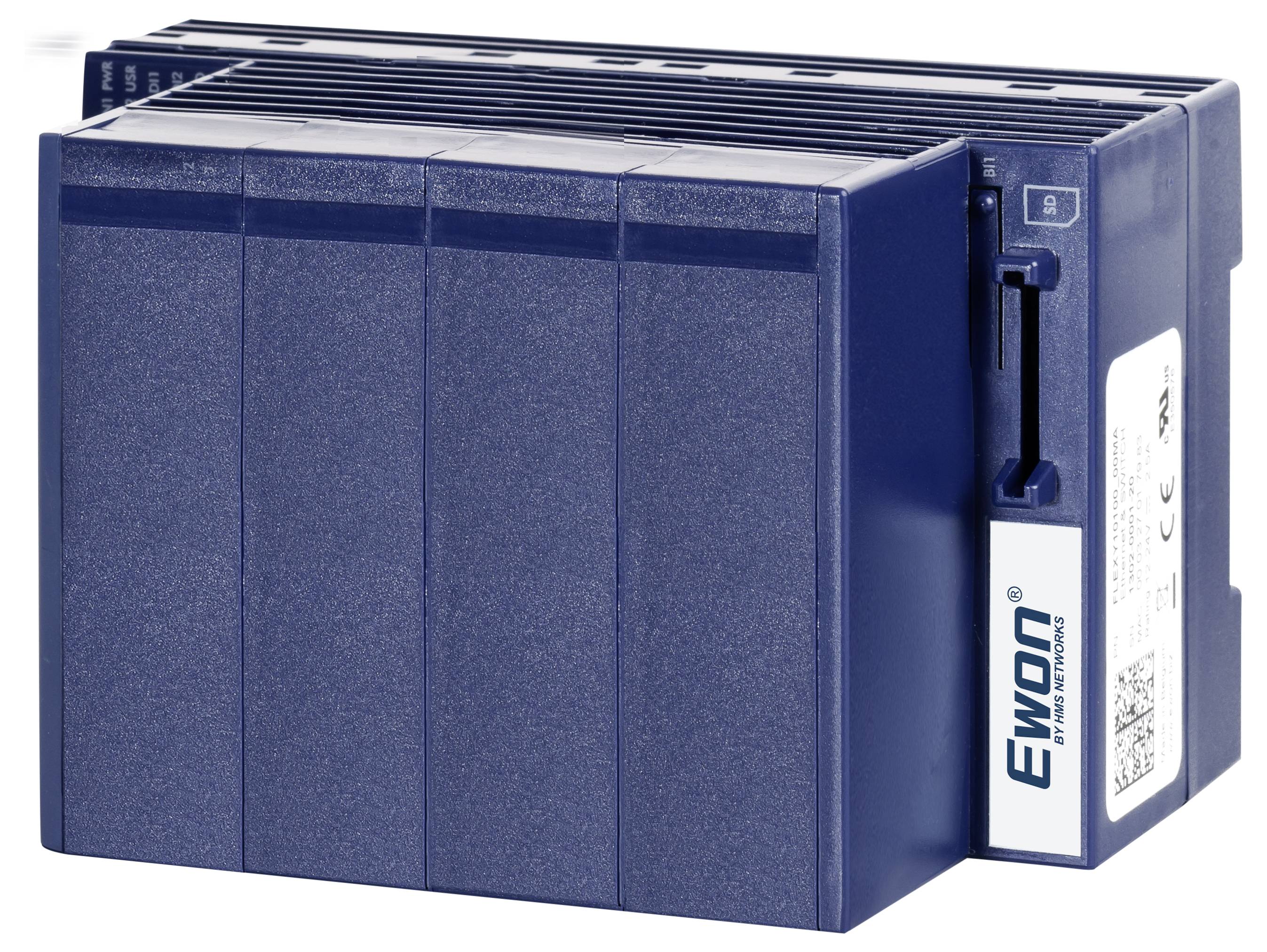 Blauwe elektronische regelmodule of industrieel aandrijfunit met zijlabel en montagegleuf, weergegeven op een witte achtergrond.