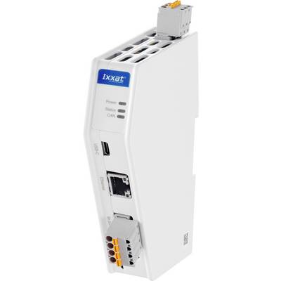 Ixxat industriële communicatiemodule met Power-, Status- en CAN-indicatoren, USB-C- en Ethernet-poorten, en terminalconnectoren op een witte behuizing.