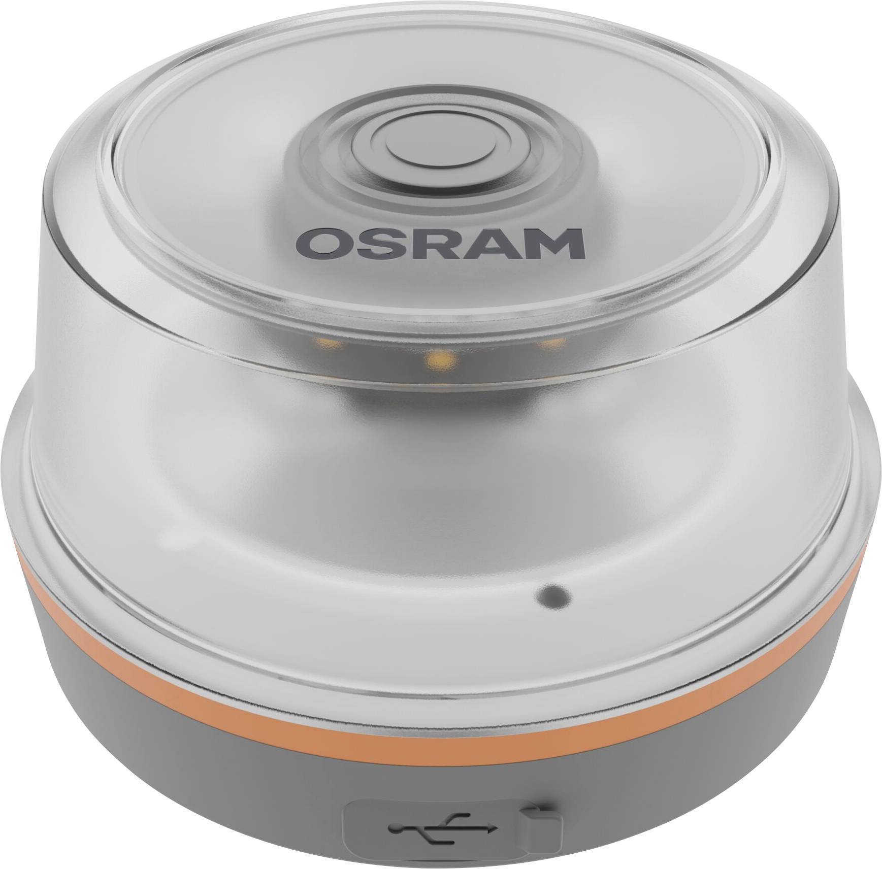 Rond grijs OSRAM-apparaat met transparante bovenkap, oranje accentring en USB-poort aan de voorkant, getoond op een witte achtergrond.