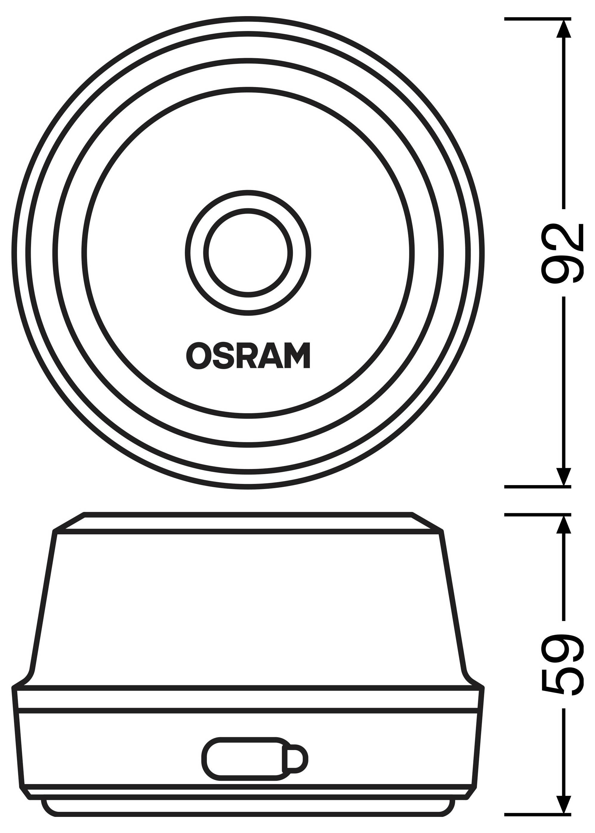 Technische tekening van een rond OSRAM-verlichtingsarmatuur met voor- en zijaanzicht, met afmetingen 92 en 59.