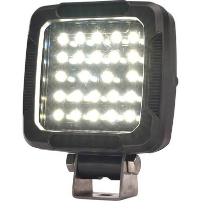 Vierkante LED-werklamp met helder rooster van lampen op een montagebeugel, weergegeven op een witte achtergrond.