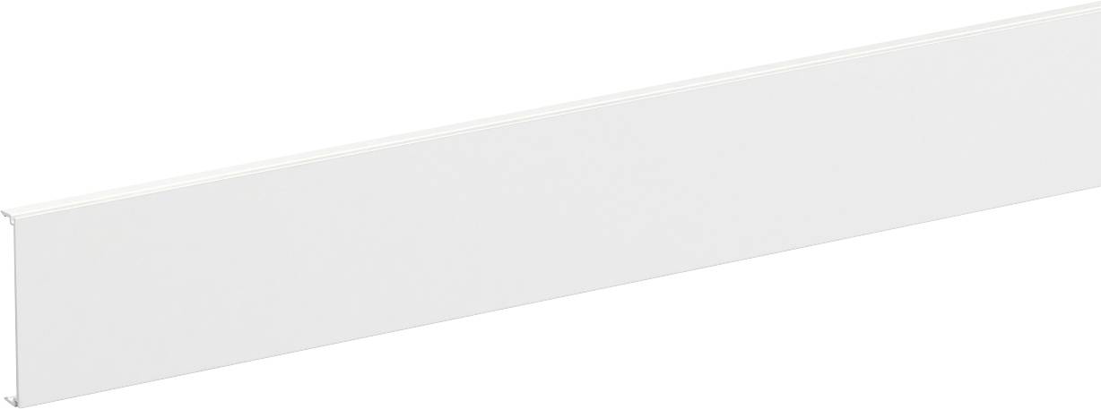Lange witte rechthoekige wandplank of lijst weergegeven in perspectief op een witte achtergrond.