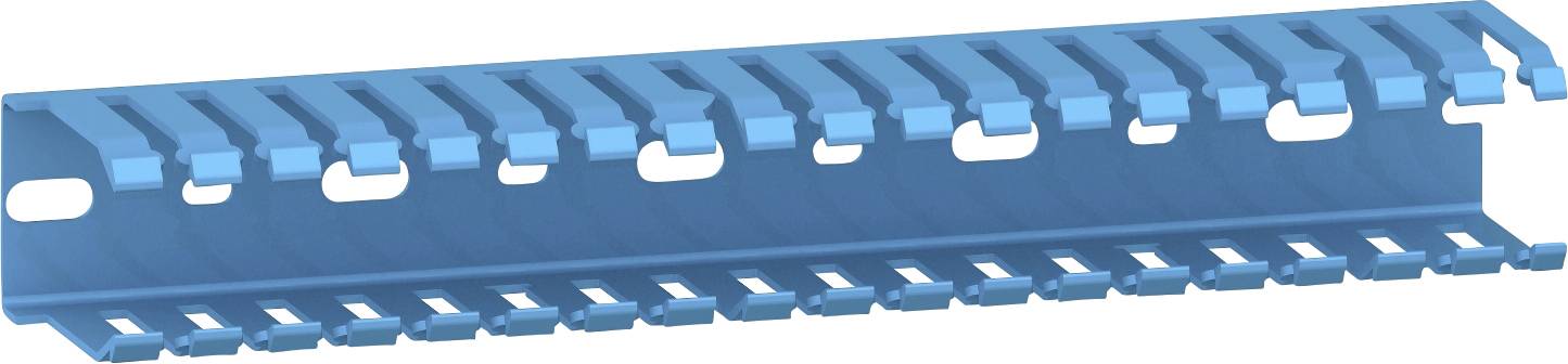 Blauwe plastic kabelgoot met sleufzijden en opklapbare bovenkant, weergegeven in perspectief op een witte achtergrond.