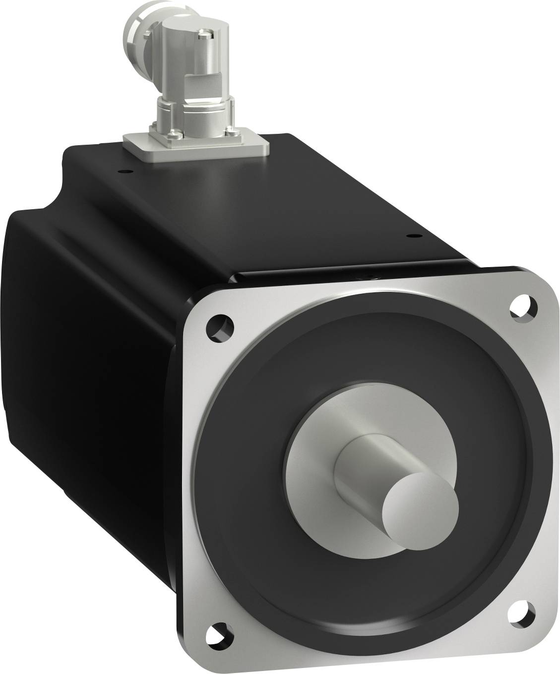 Industriële elektromotor met een vierkante montageflengs en uitstekende as, geïsoleerd op een witte achtergrond.