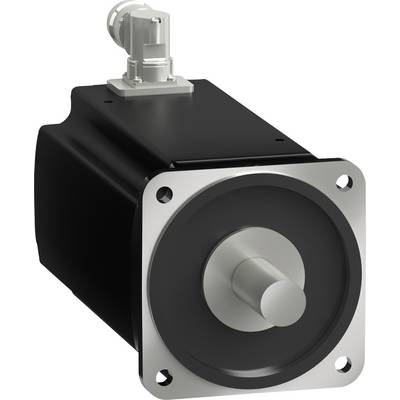 Industriële elektromotor met een vierkante montageflengs en uitstekende as, geïsoleerd op een witte achtergrond.