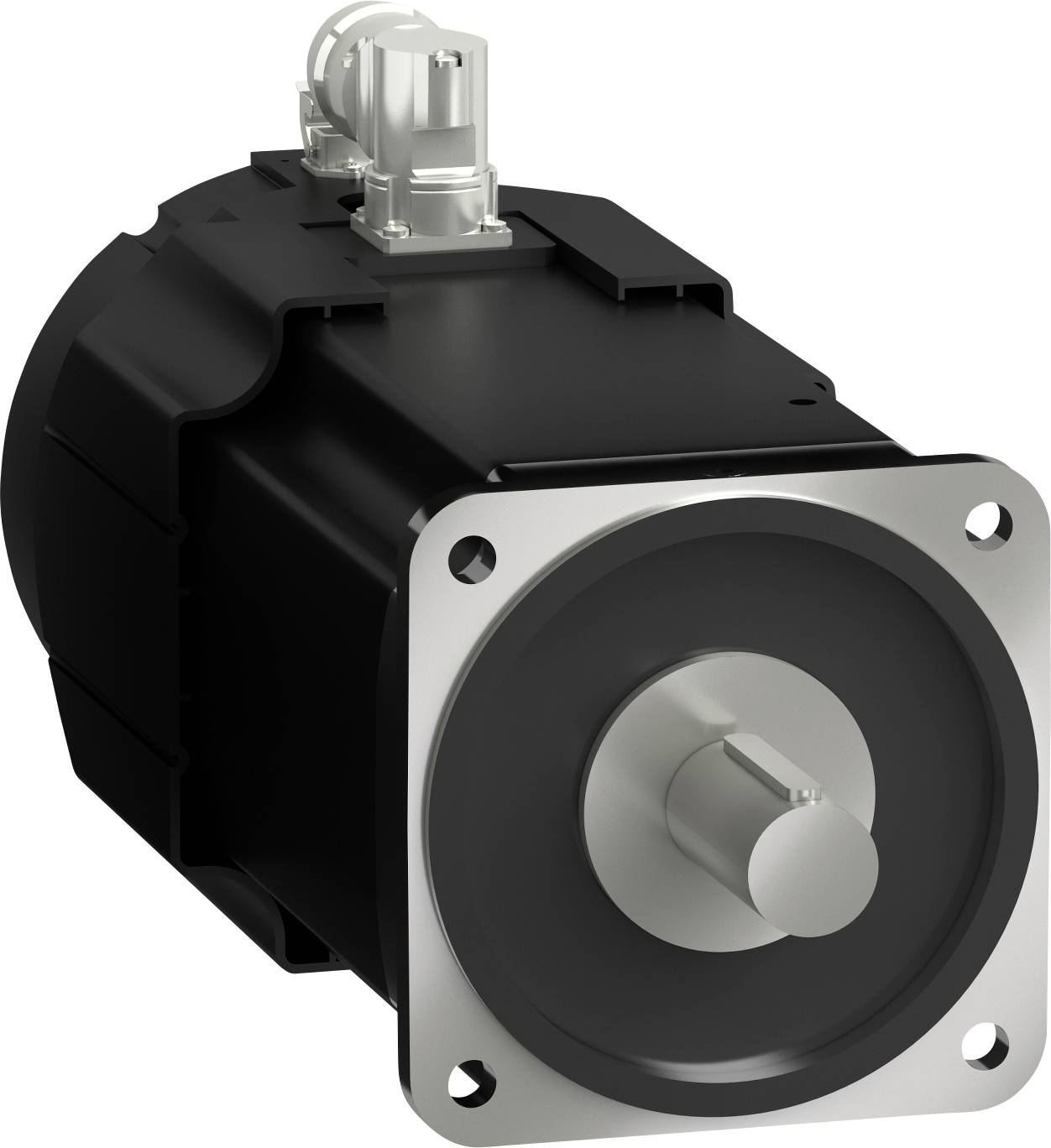 Zwarte industriële elektromotor met zilveren vierkante frontflens en uitstekende as, weergegeven op een witte achtergrond