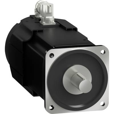 Zwarte industriële elektromotor met zilveren vierkante frontflens en uitstekende as, weergegeven op een witte achtergrond