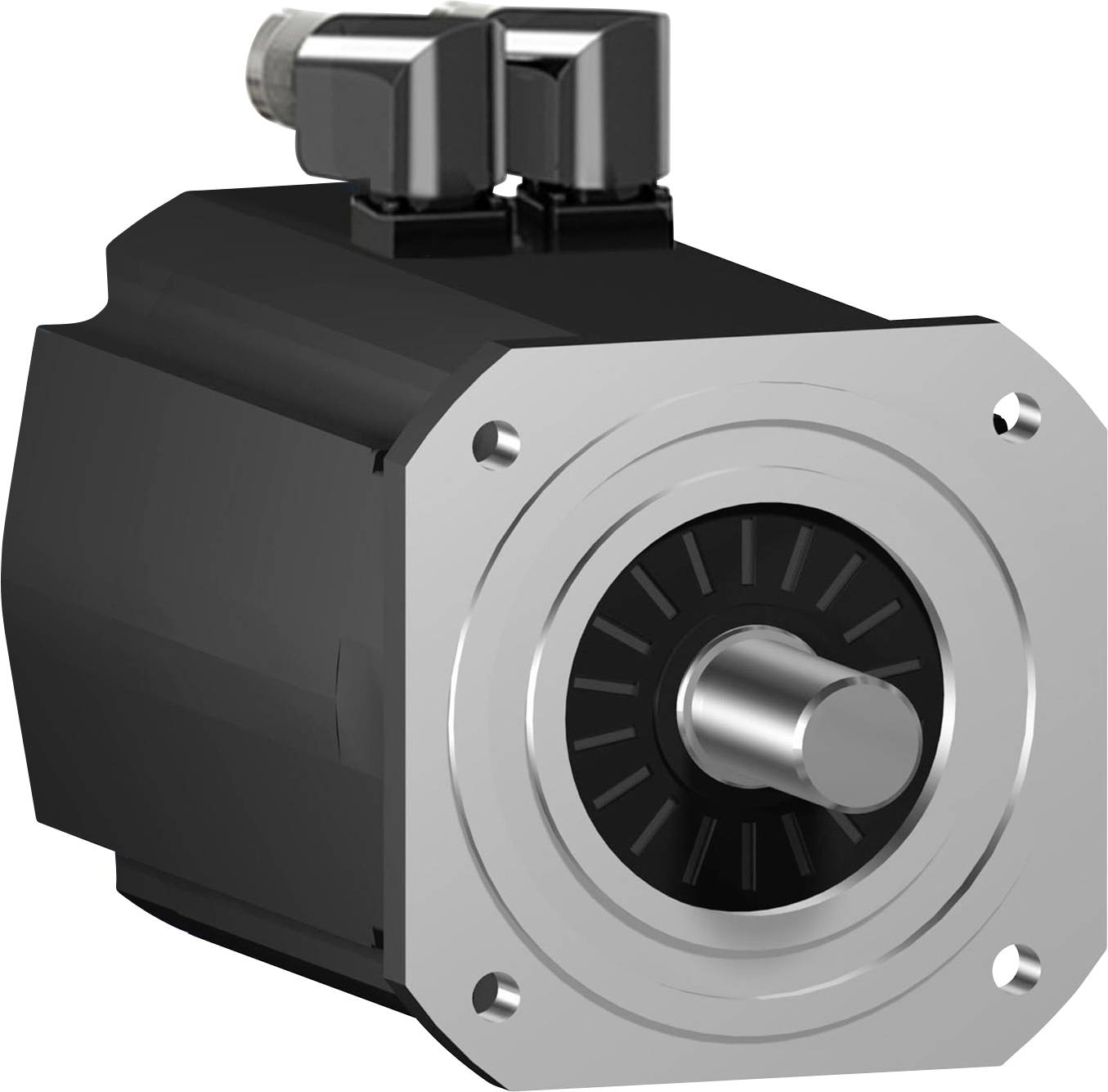 Industriële elektrische servomotor met vierkante voorflens en uitstekende as, weergegeven op een witte achtergrond.