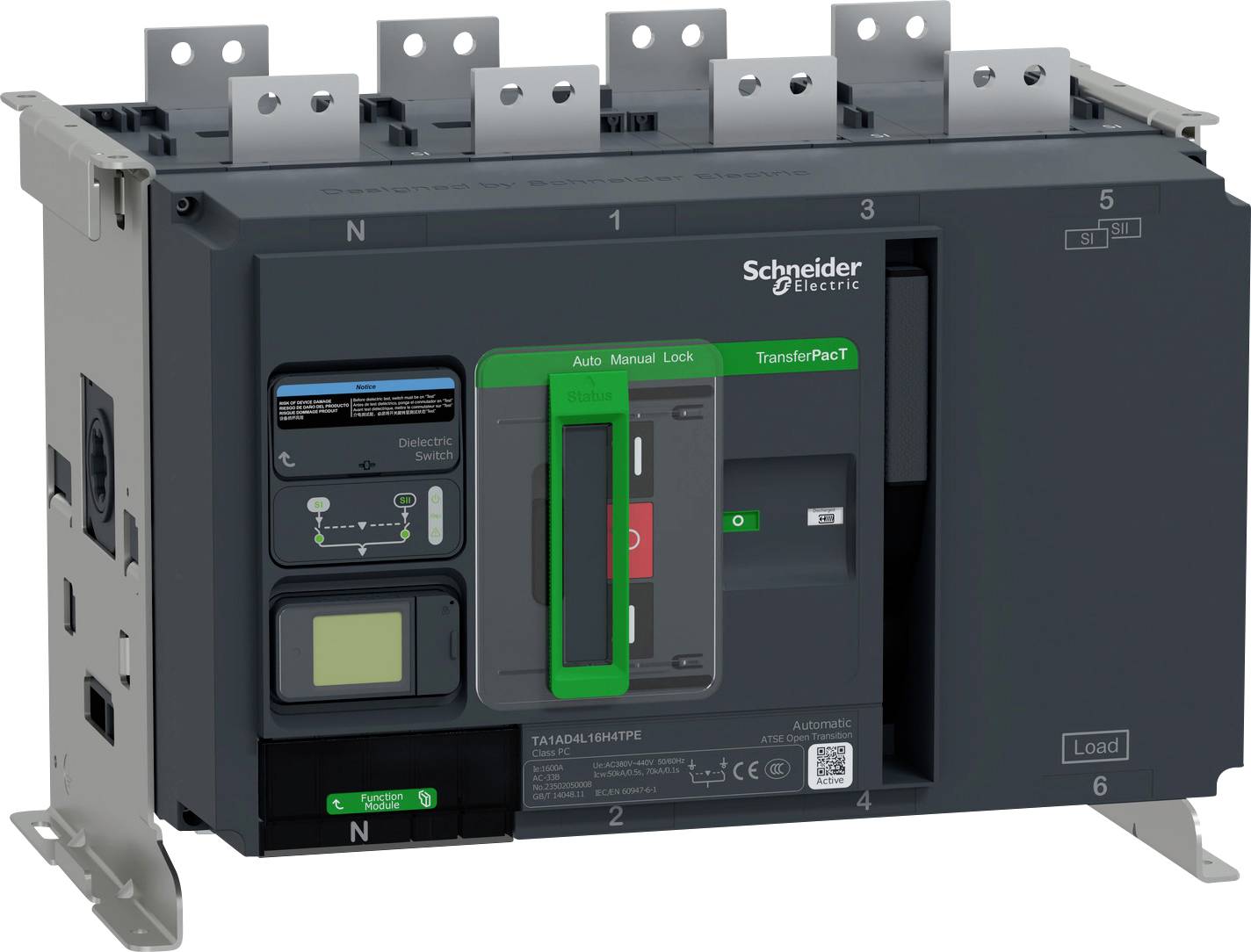 Schneider Electric TransferPacT elektrische overbrengingsschakelaar met bedieningselementen aan de voorzijde en statusweergave, weergegeven in een metalen behuizing.