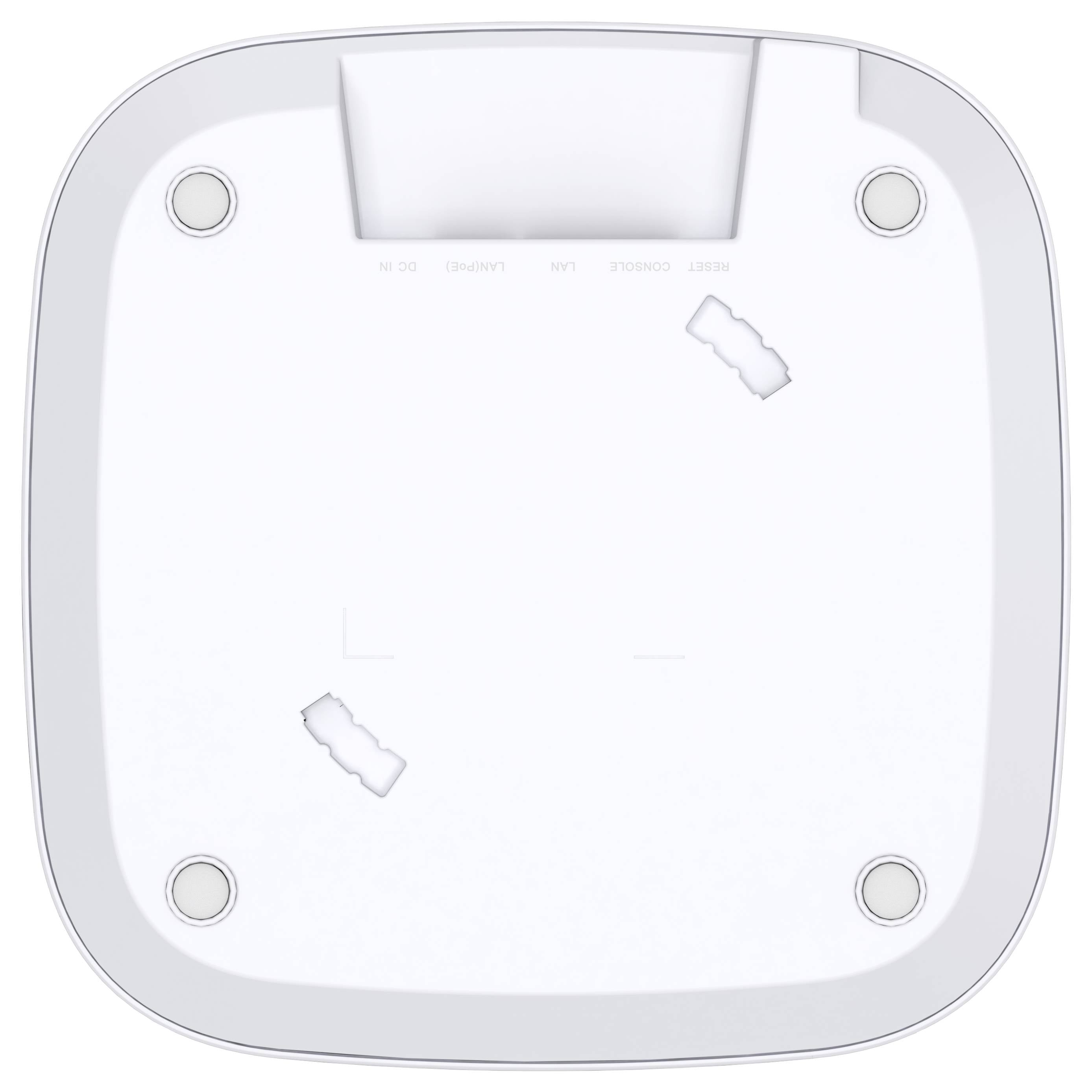 Bovenaanzicht van een witte vierkante plafondlamp of armatuur met afgeronde hoeken en vier bevestigingsgaten.