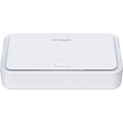 Wit D-Link netwerkapparaat met afgeronde rechthoekige vorm, LED's aan de bovenkant en een voorknop voor stroomvoorziening op een effen witte achtergrond.